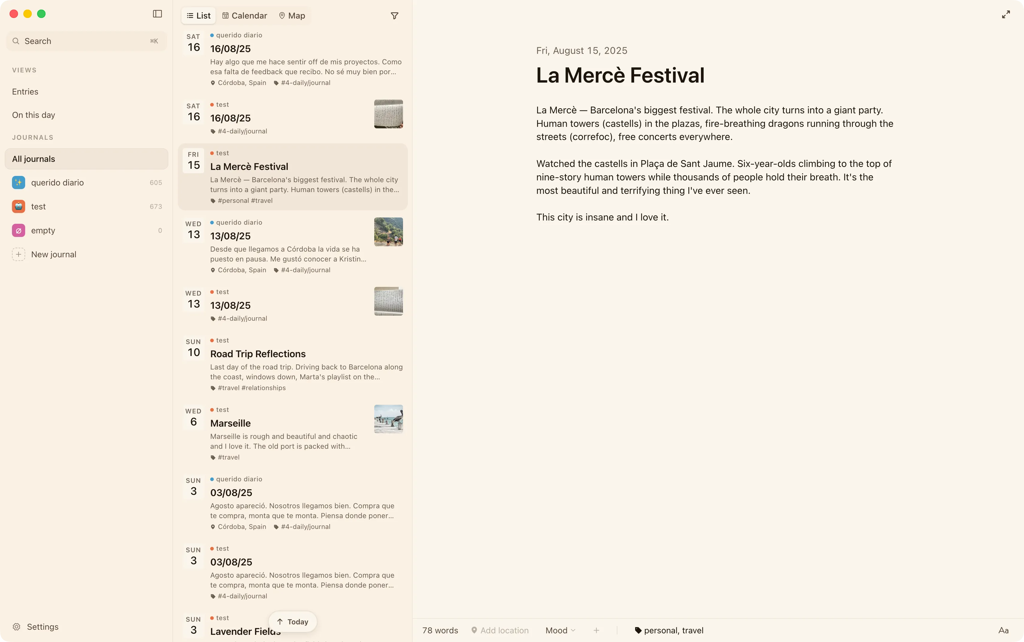 The All journals view, showing entries from every journal in one place