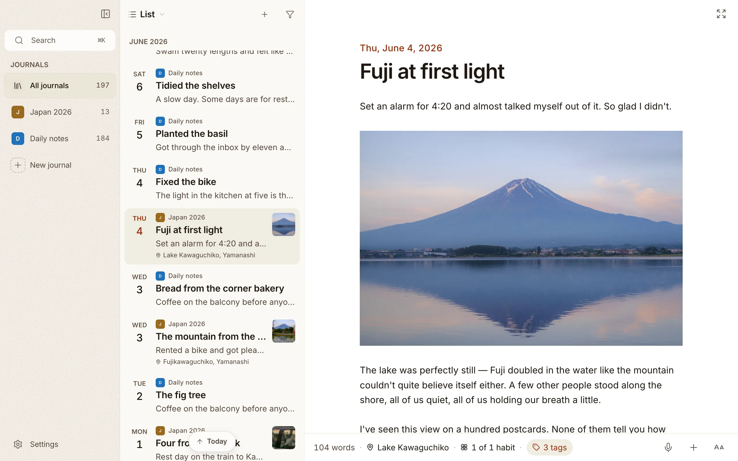Cozy on a Mac: the journals on the left, the list of entries, and an entry called Fuji at first light, with its photo of the mountain over the lake.