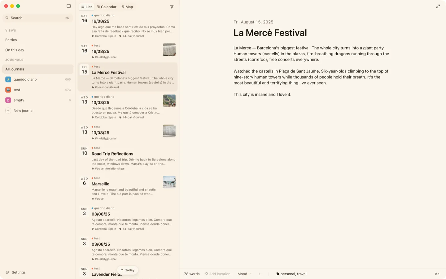 The All journals view, showing entries from every journal in one place