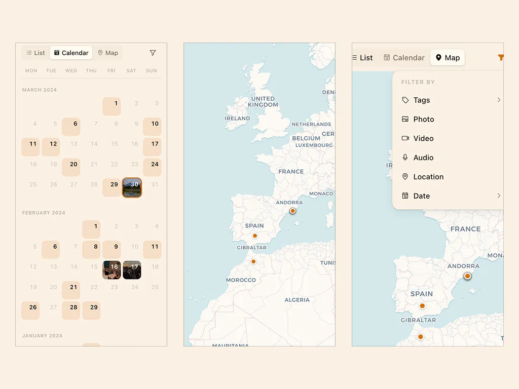 Calendar and map views built from your entry data