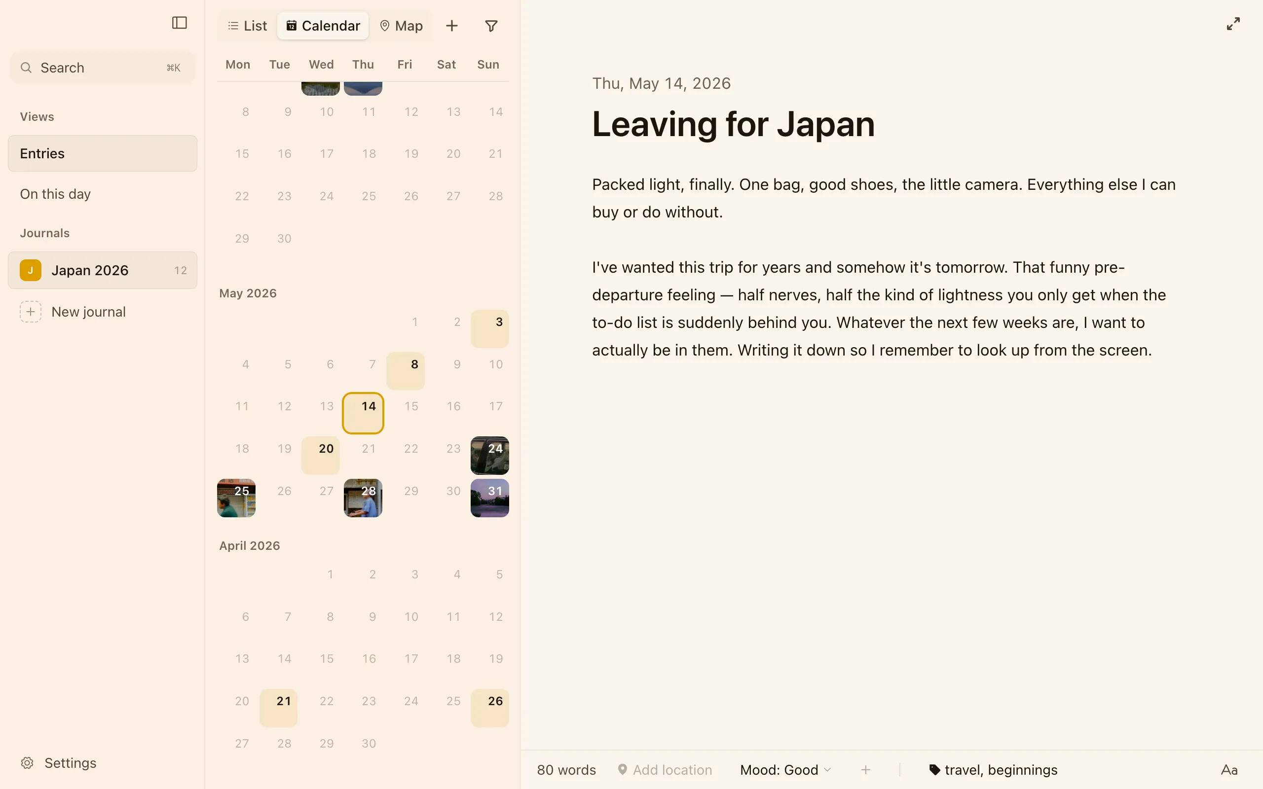 The calendar view in Cozy, with photo thumbnails on the days that have entries