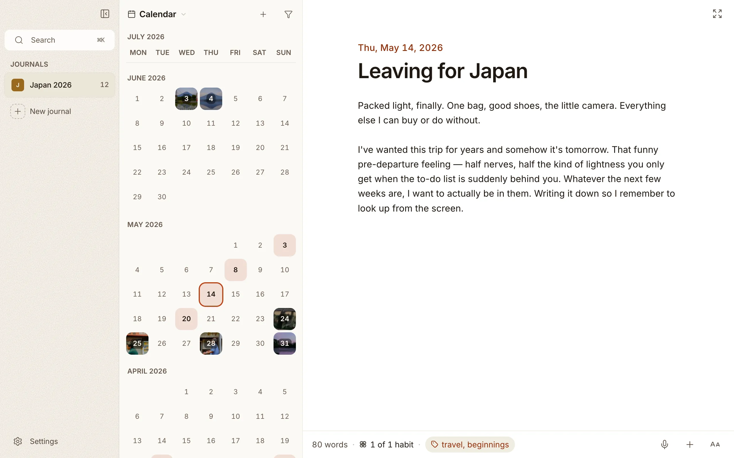 The calendar view in Cozy, with photo thumbnails on the days that have entries