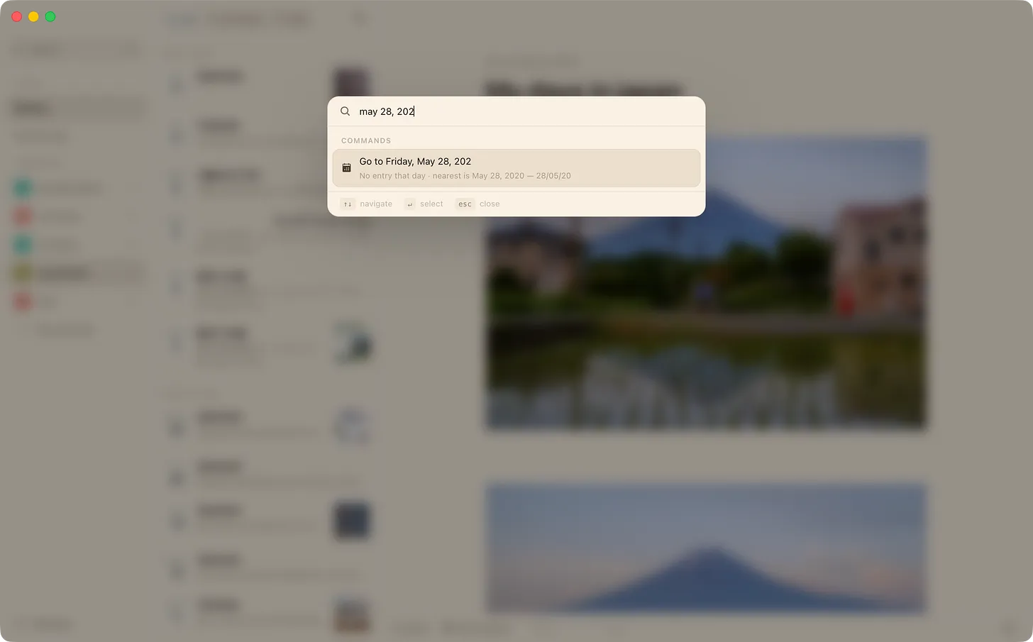 The ⌘K command bar — fuzzy search across entries and dates