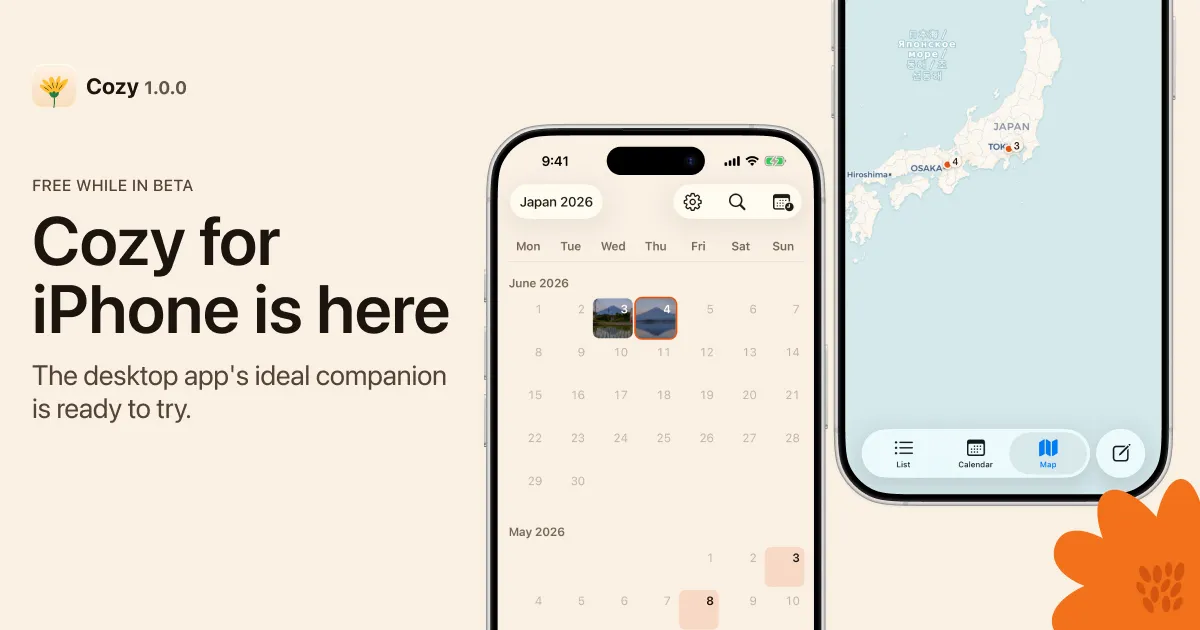 Cozy for iPhone showing the calendar view and the map view side by side