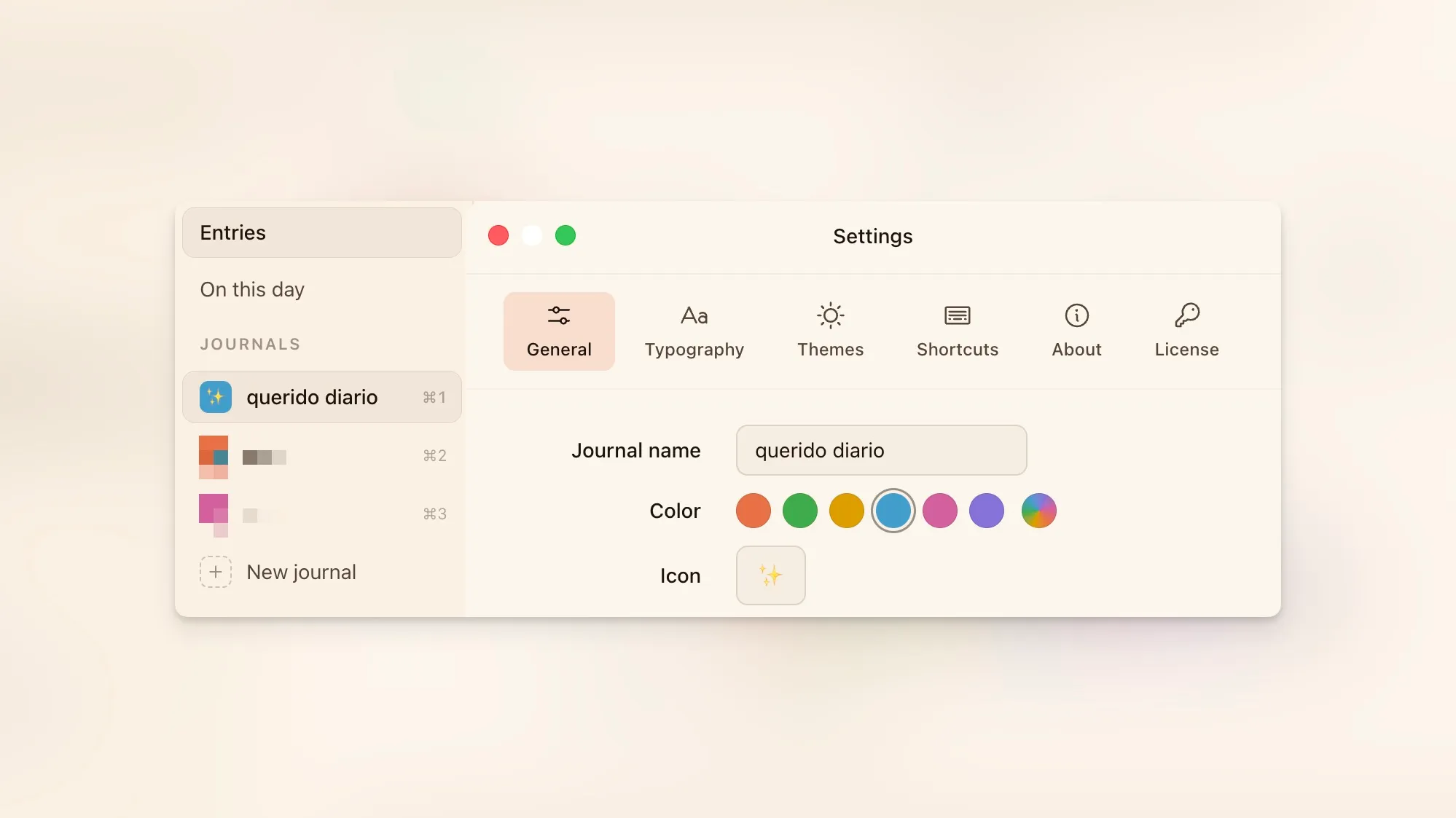 Cozy's journal color and icon settings