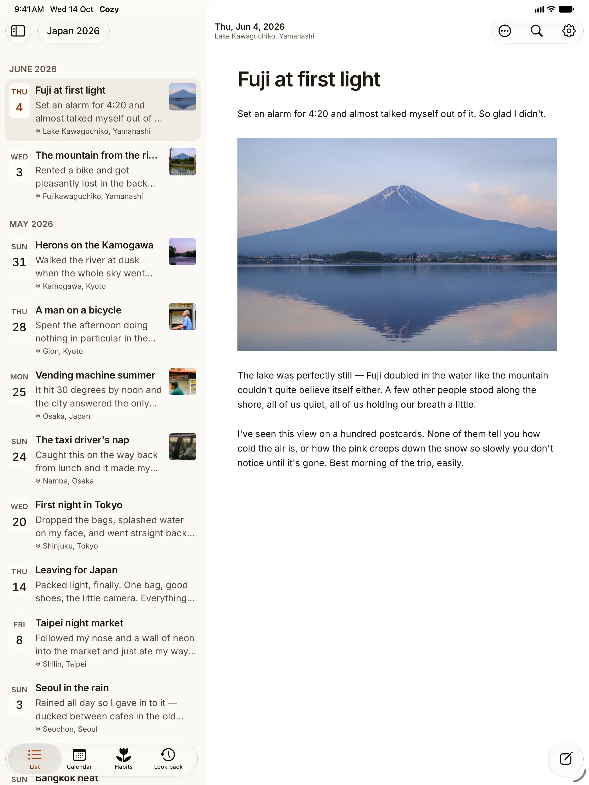 Cozy on iPad: the list of entries beside an open entry.