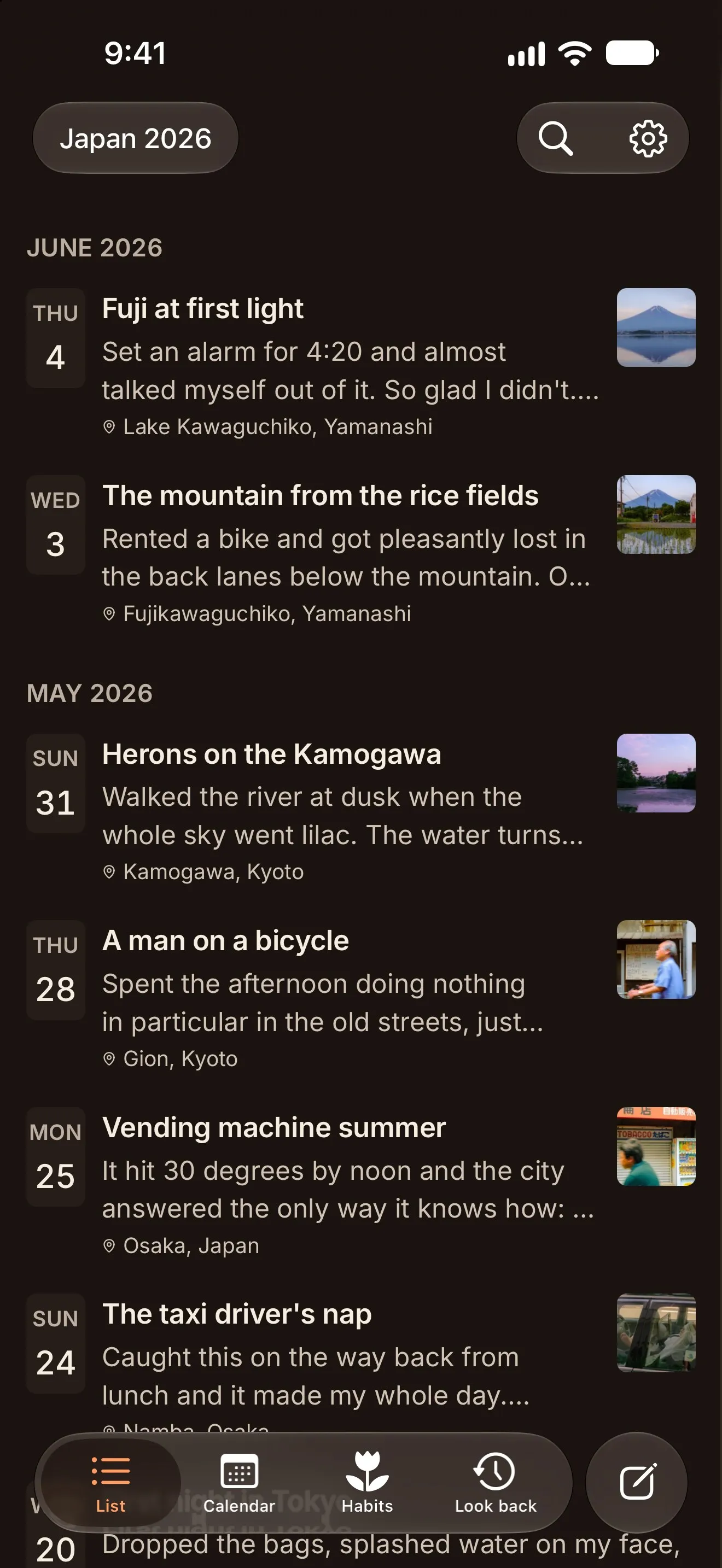 Cozy on iPhone: the list of entries. Dark theme.