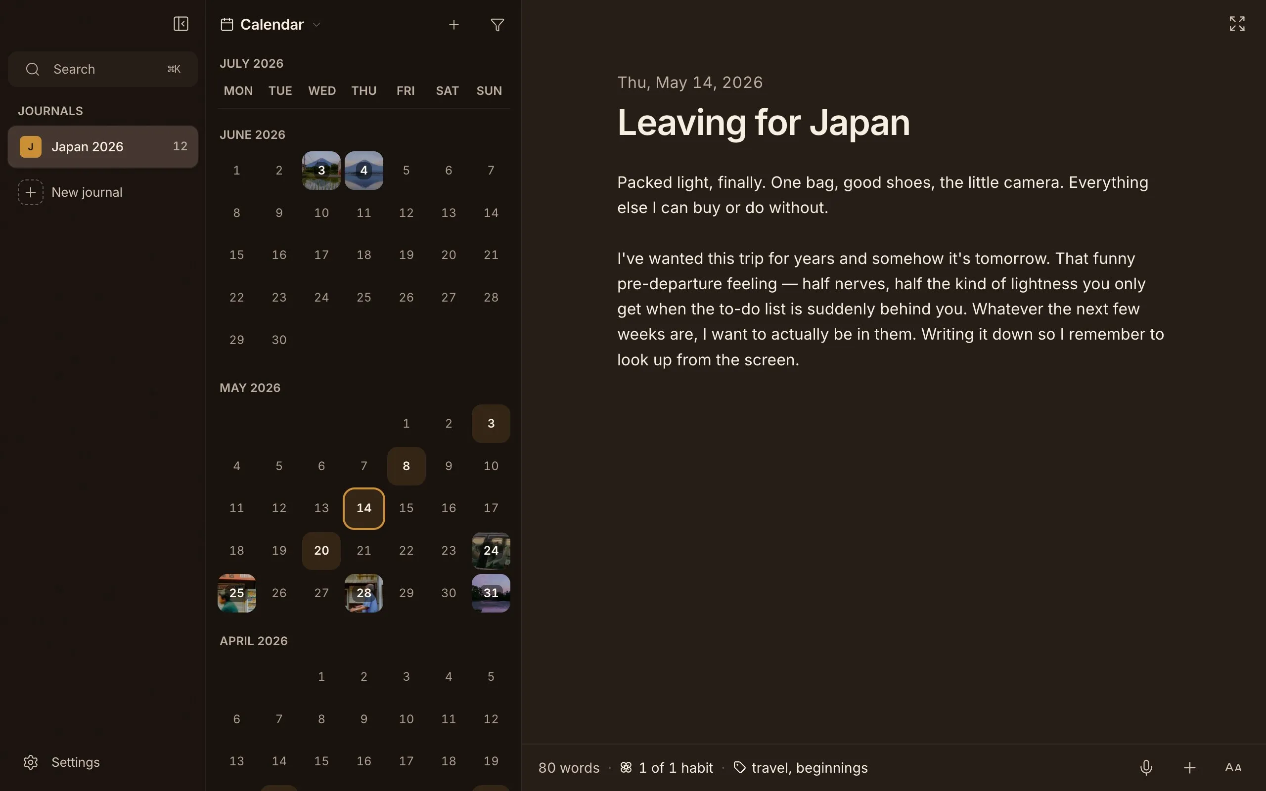 Cozy's calendar view, with days that have entries marked and photo days shown as thumbnails. Dark theme.
