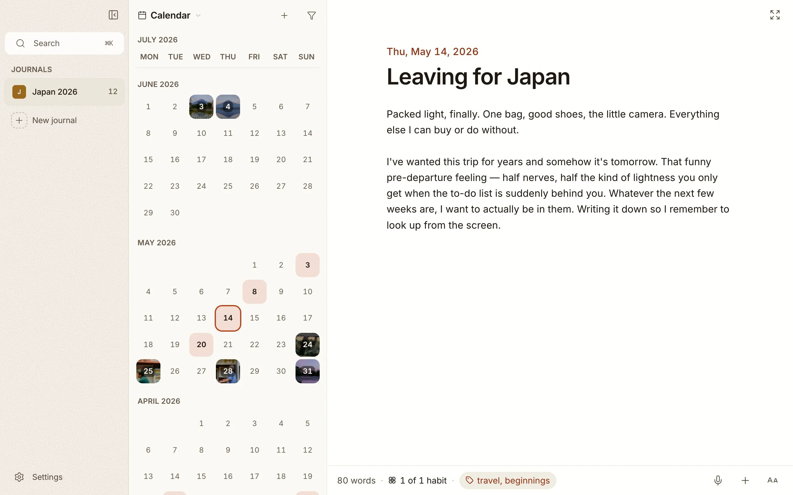Cozy's calendar view, with days that have entries marked and photo days shown as thumbnails.