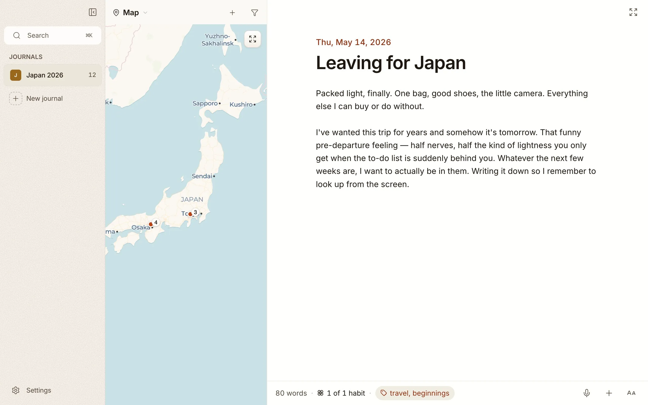 Cozy's map view, entries pinned across Japan.