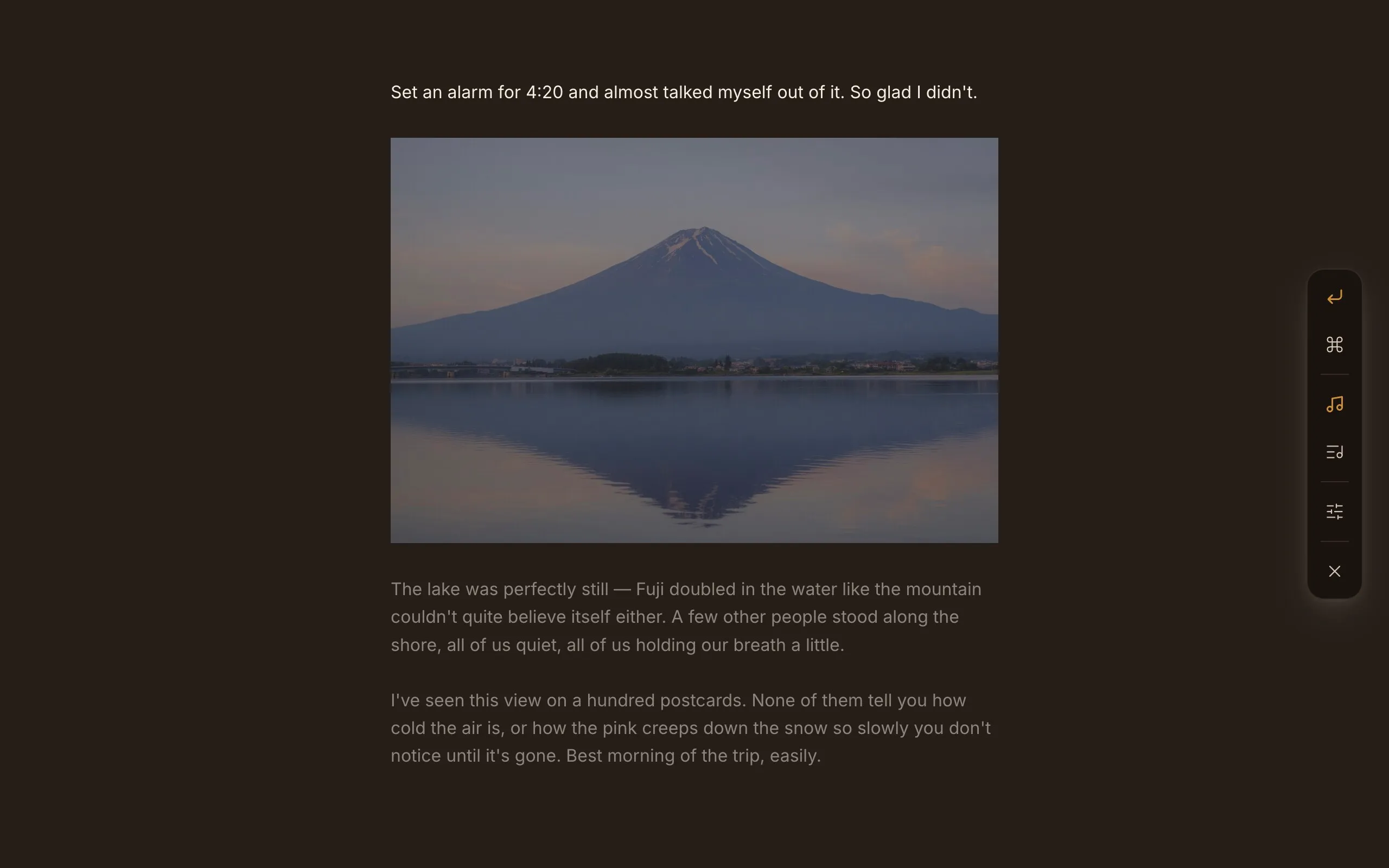 Cozy with the sidebar hidden, only the entry on the page. Dark theme.