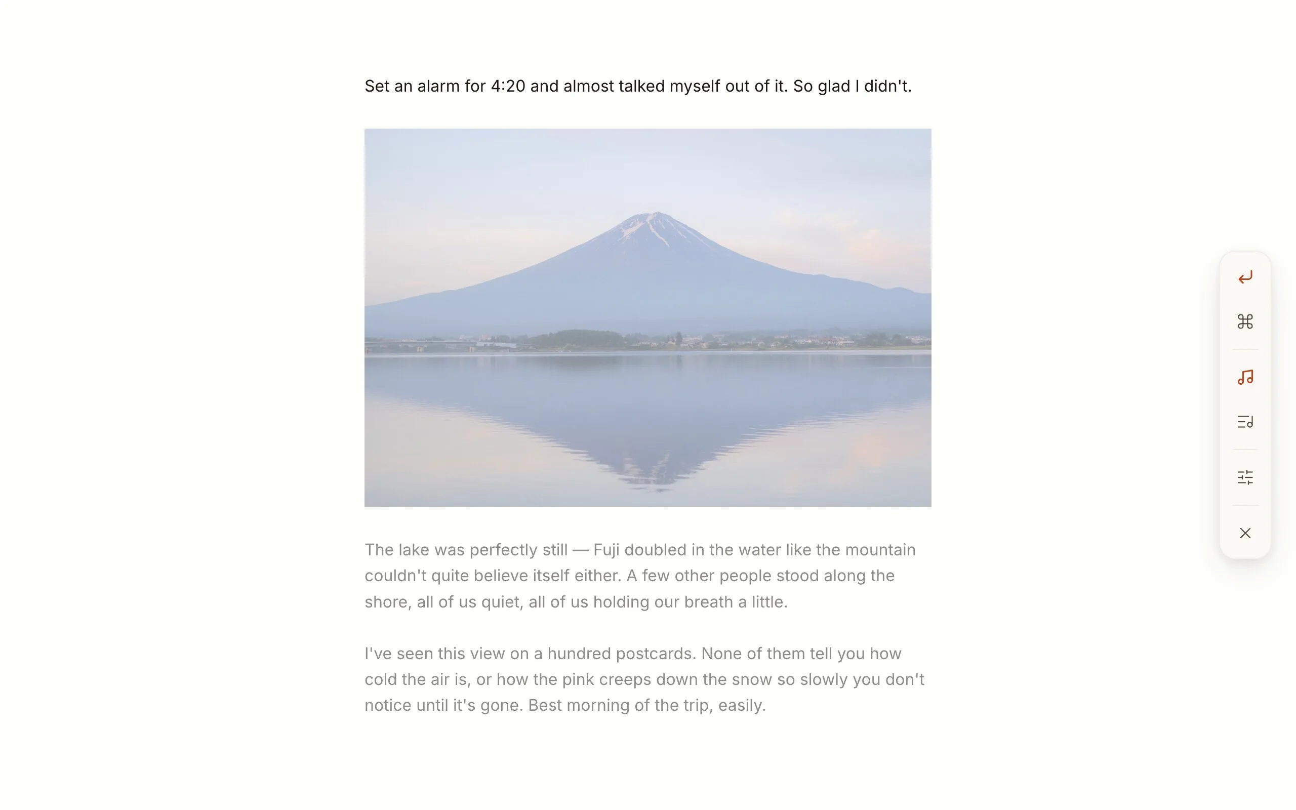 Cozy with the sidebar hidden, only the entry on the page.