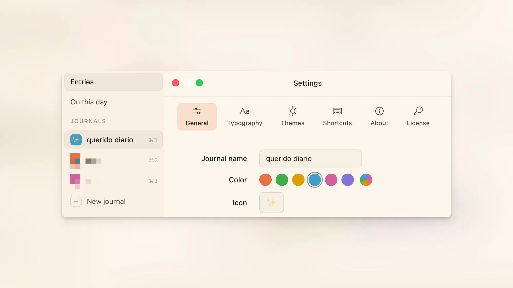 Journal settings with a name, color, and emoji icon