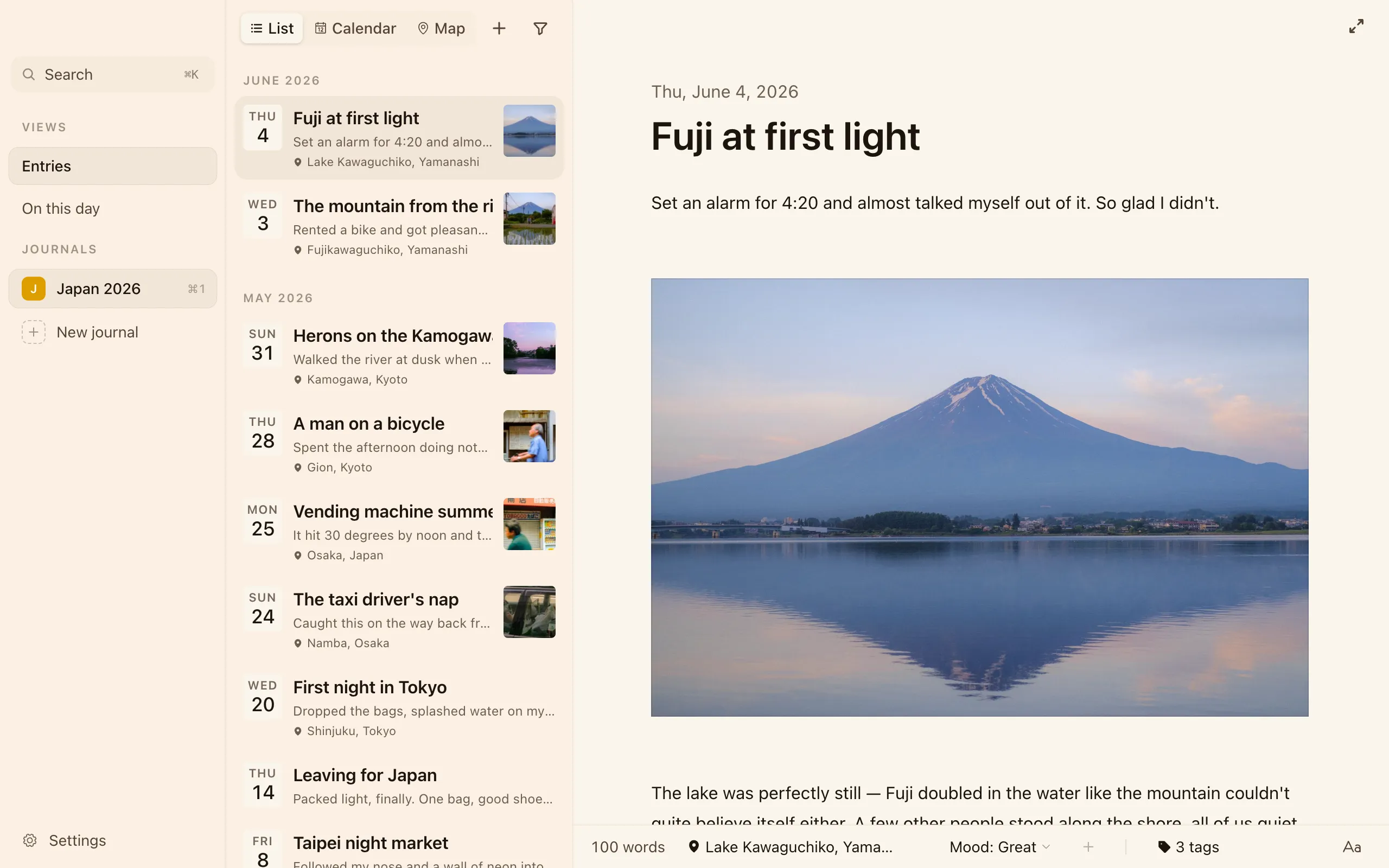 A Cozy entry open in the editor — title, writing, a photo, and the entry's date, mood, location, and tags along the bottom