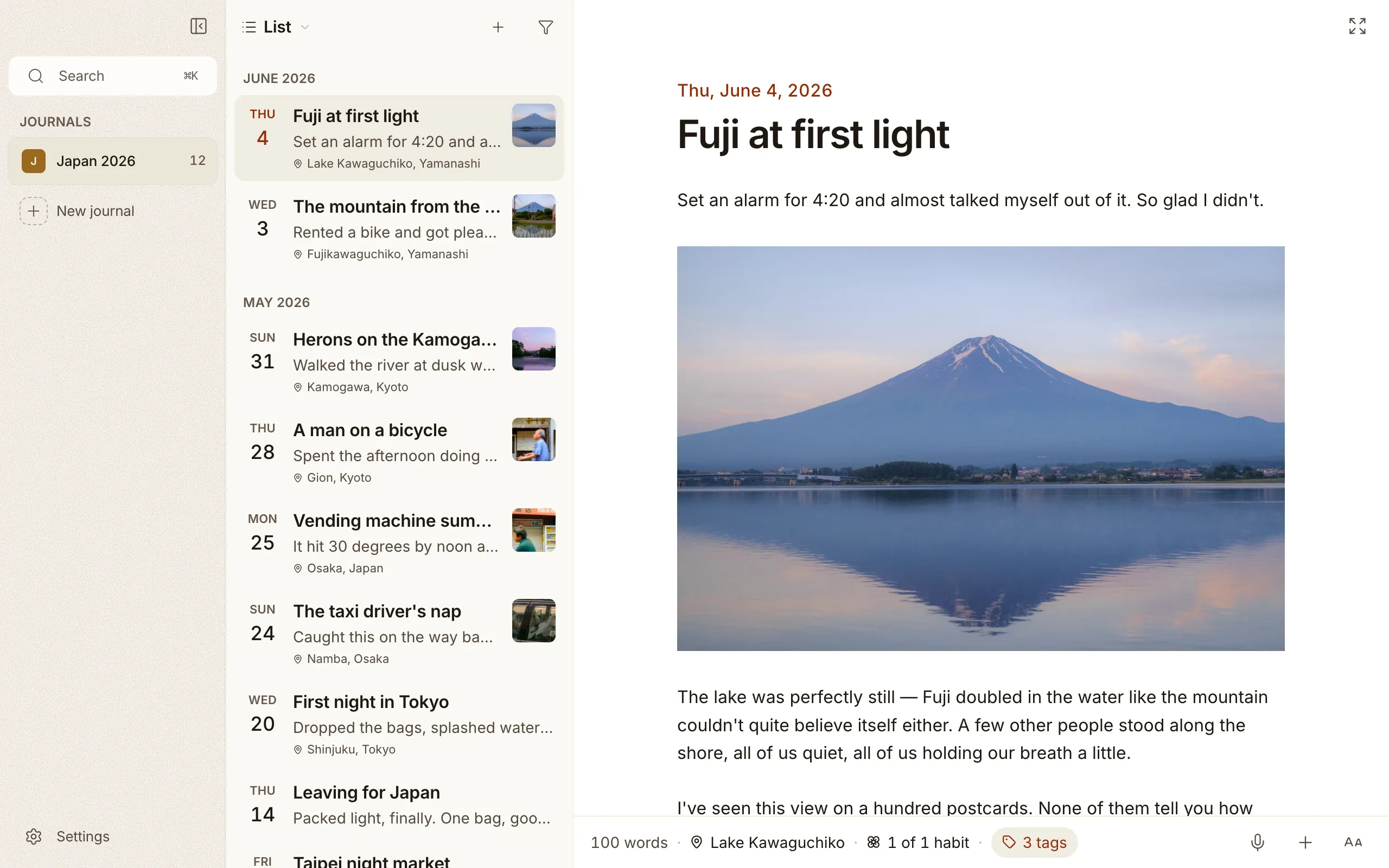 A Cozy entry open in the editor — title, writing, a photo, and the entry's date, mood, location, and tags along the bottom