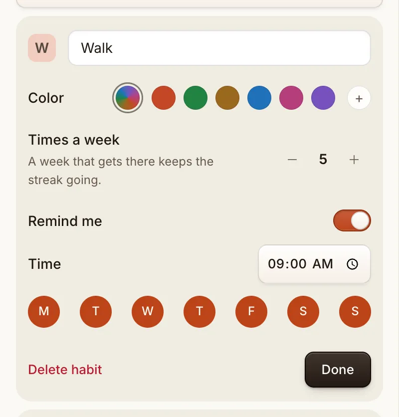 A habit card open, with Remind me on, a time of 9 and every day of the week picked