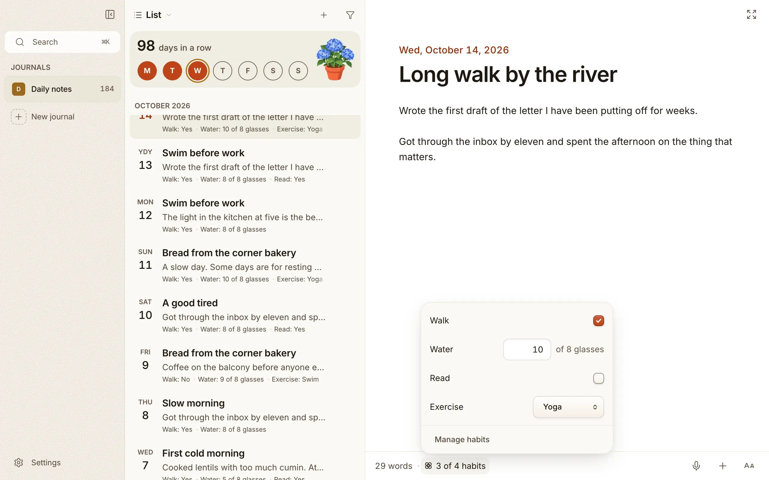 The Habits list open on an entry: a checkbox for Walk and Read, a count of glasses for Water, and a choice for Exercise