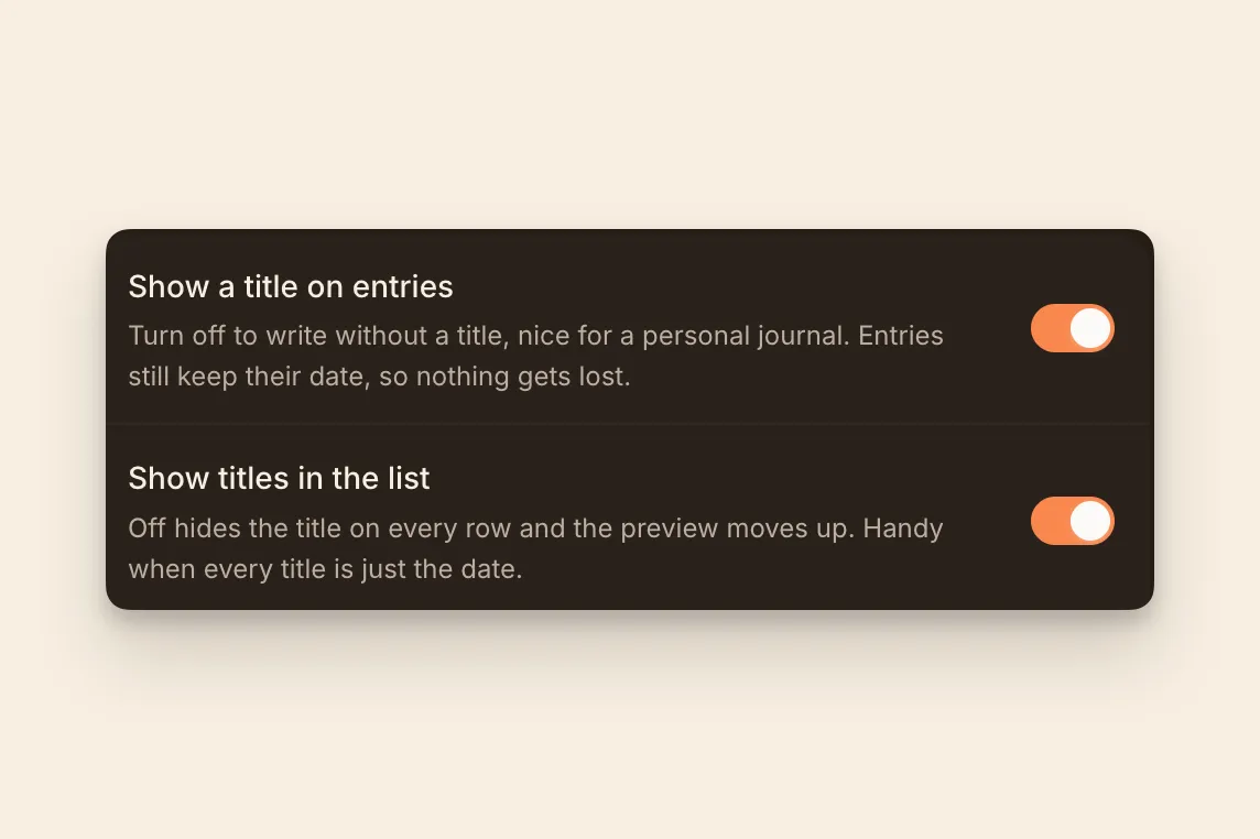 The setting that hides entry titles, and the list without them