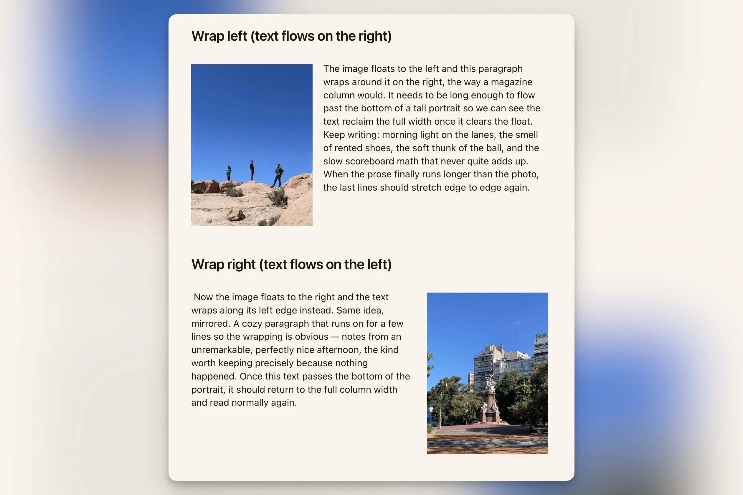 An entry showing wrap-left and wrap-right layouts, with paragraphs flowing around the photos