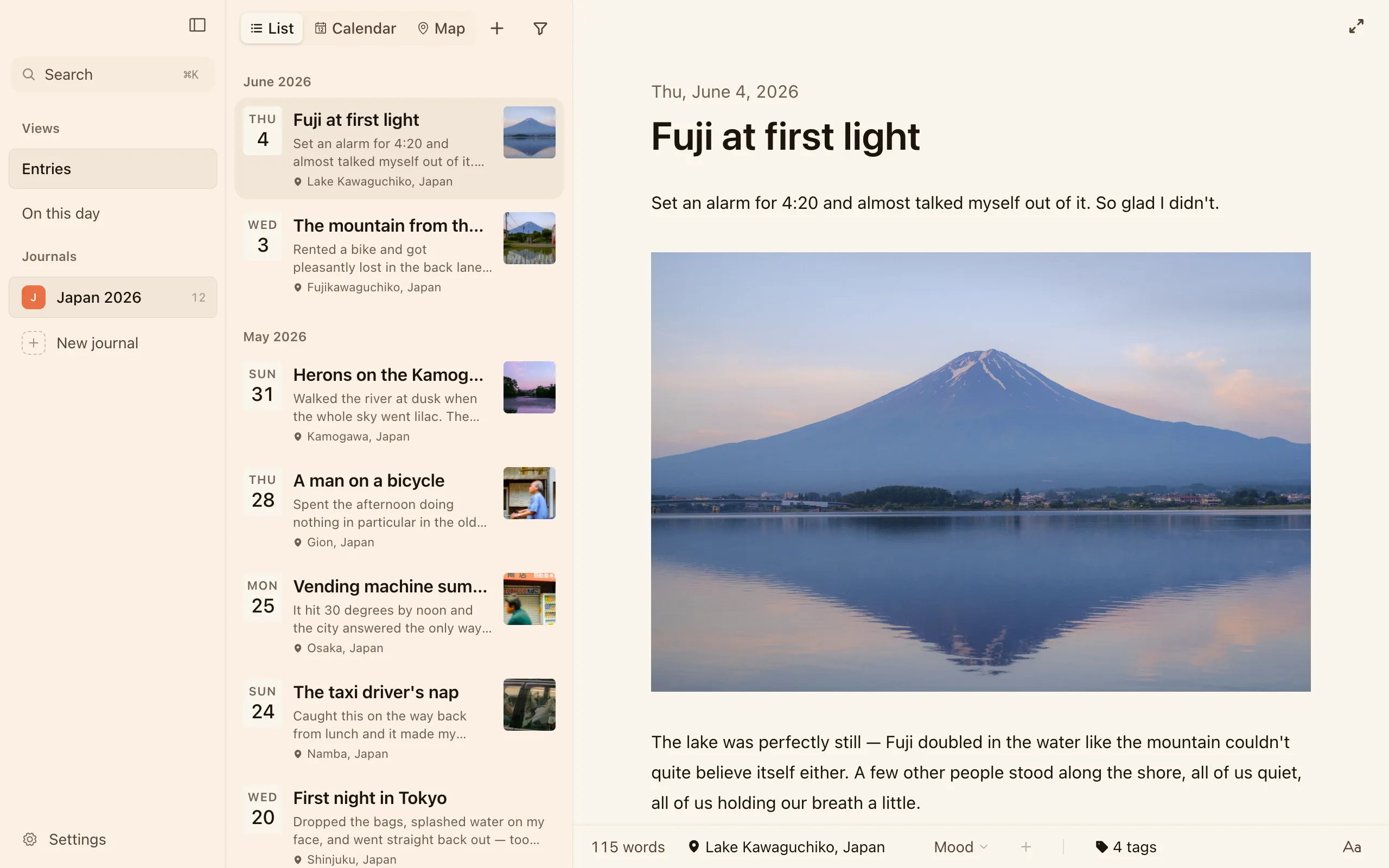 A journal imported from Day One open in Cozy: twelve entries in the list with photo thumbnails, and an entry showing its photo, place and tags