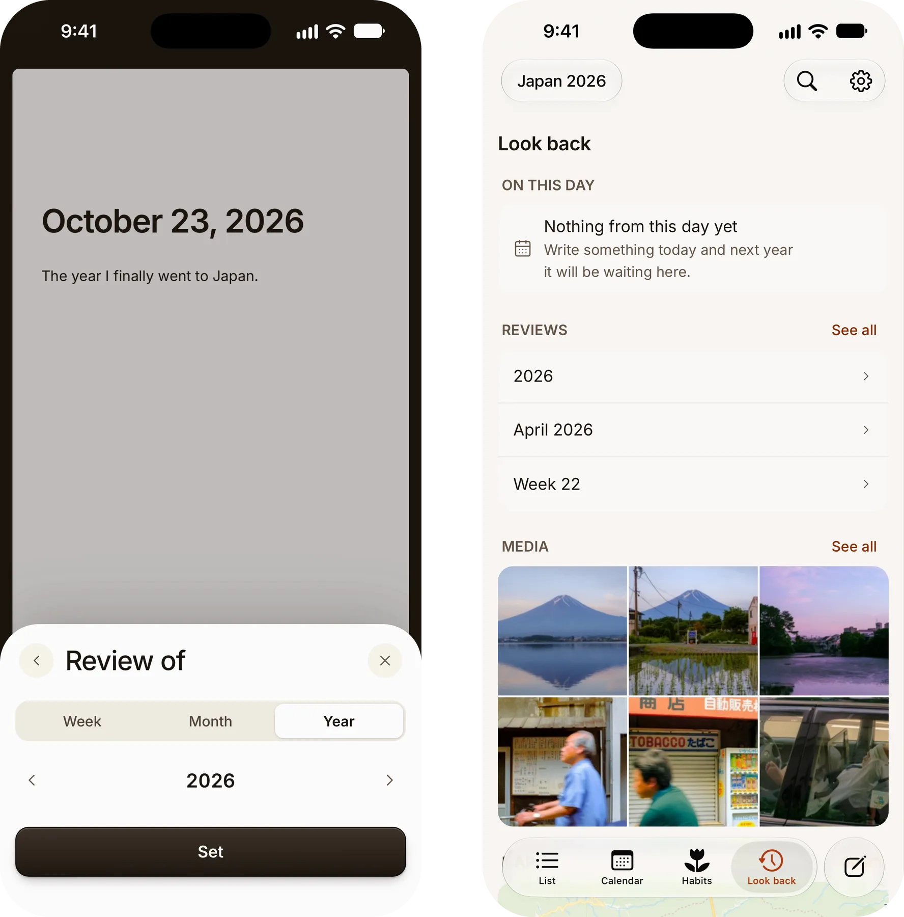 Cozy on iPhone: Review of set to the year 2026 in an entry's Details, and the Reviews card in Look back listing 2026, April 2026 and Week 22
