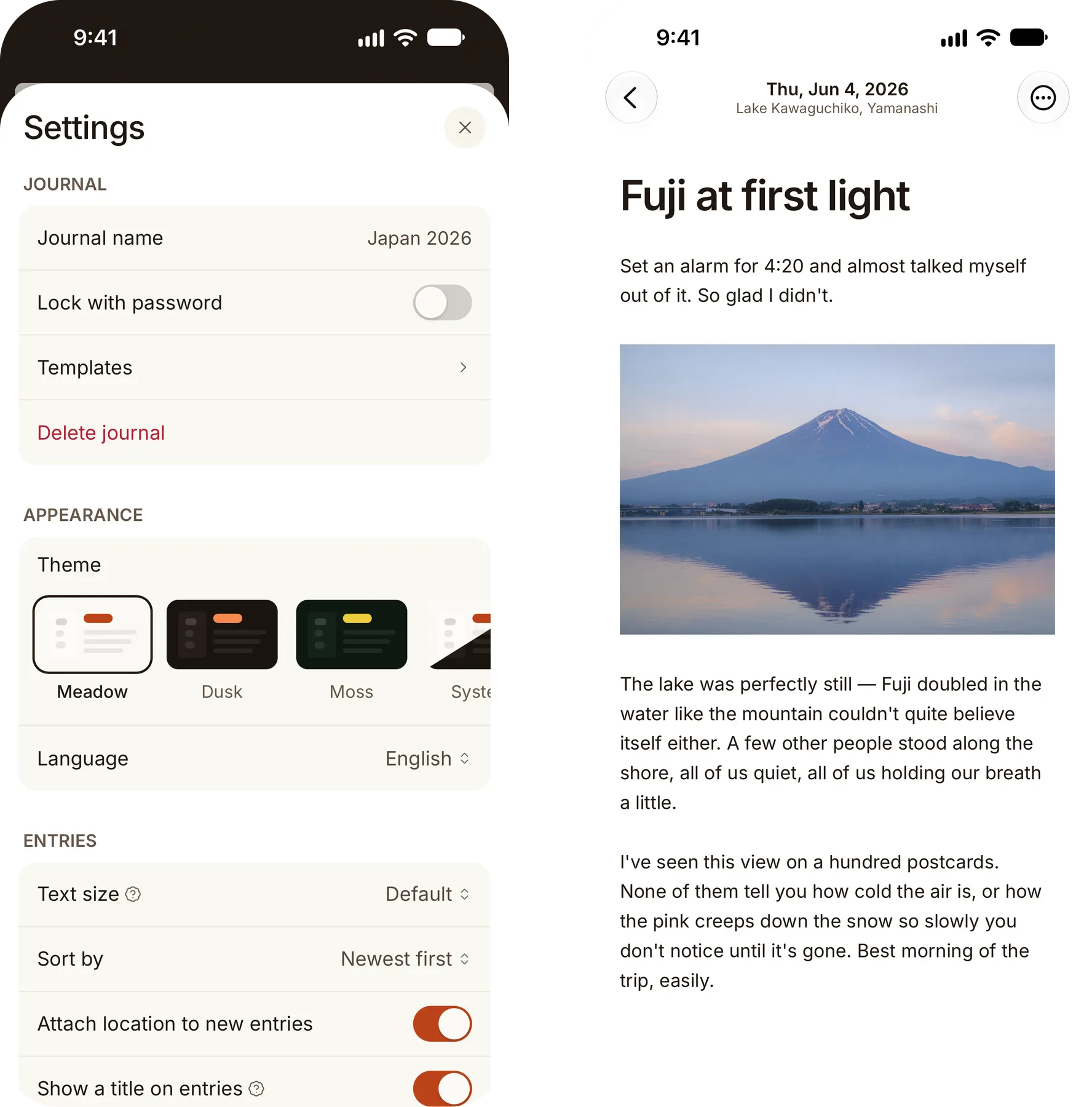 Cozy's Settings on iPhone, with Templates under Journal, beside an entry open on the phone
