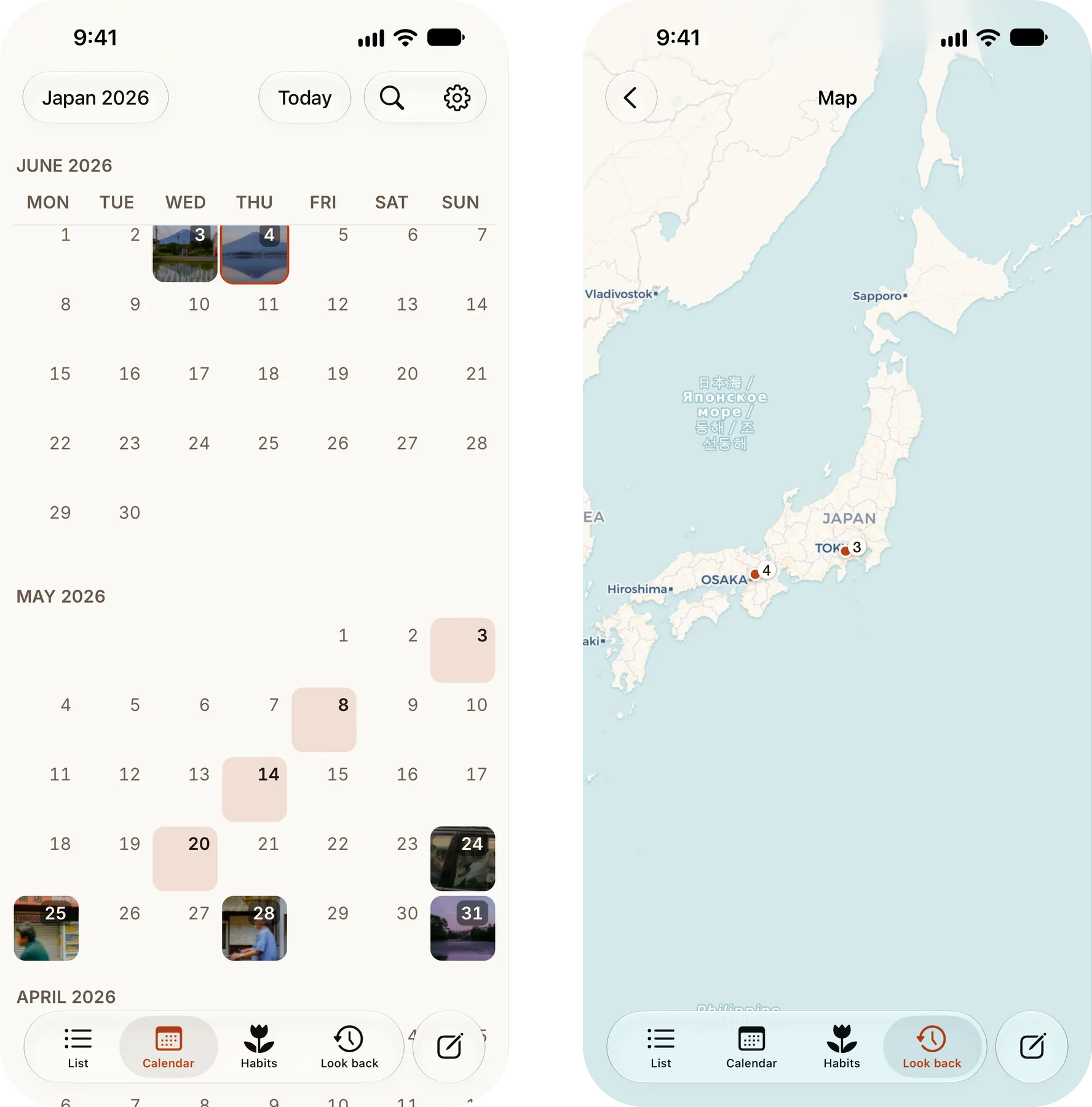 Cozy on iPhone: the calendar with photo thumbnails on the days of a trip, and the map with entries pinned across Japan