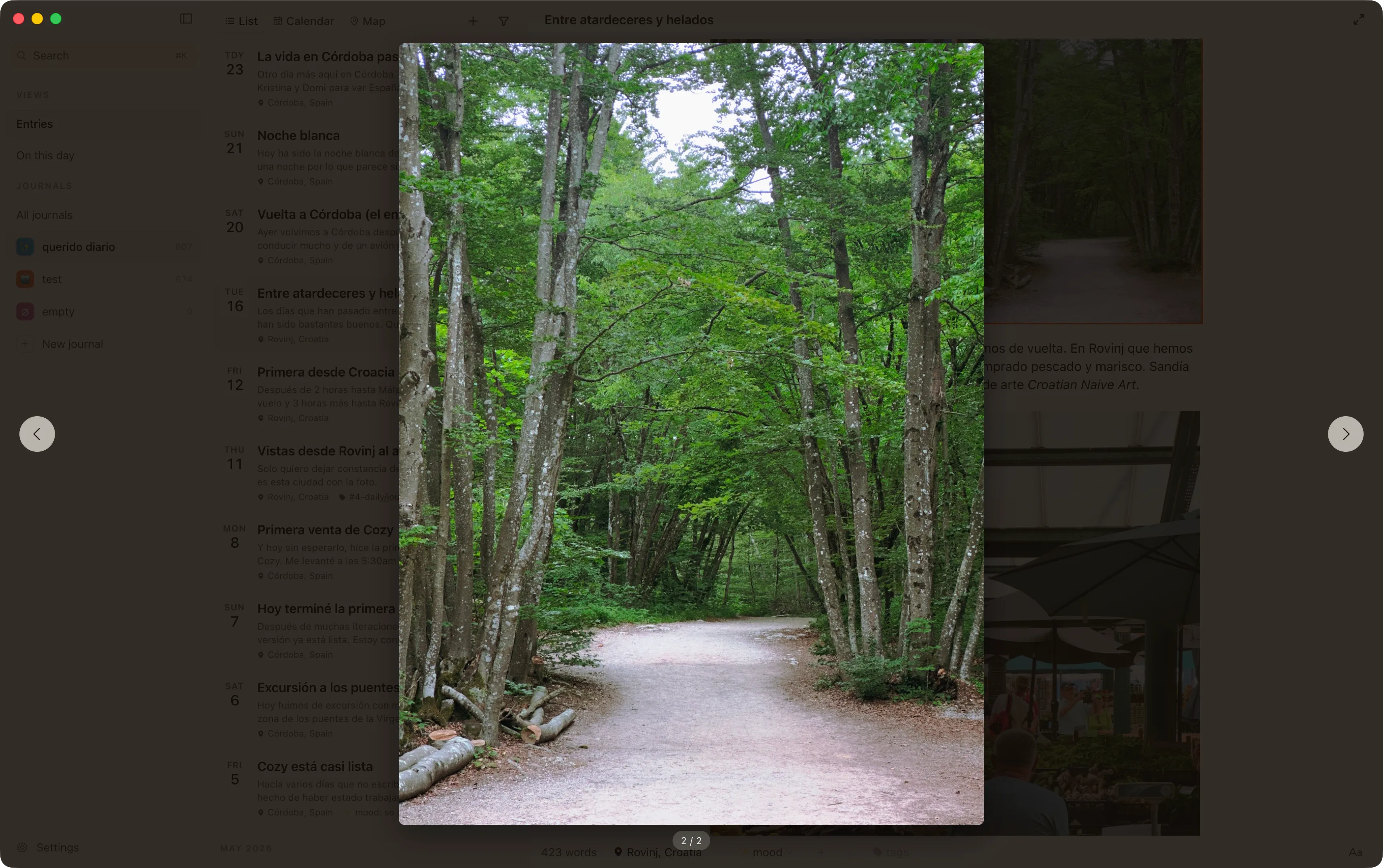 A photo open full-screen in the lightbox, with arrows to step through the gallery and a 2 of 2 counter