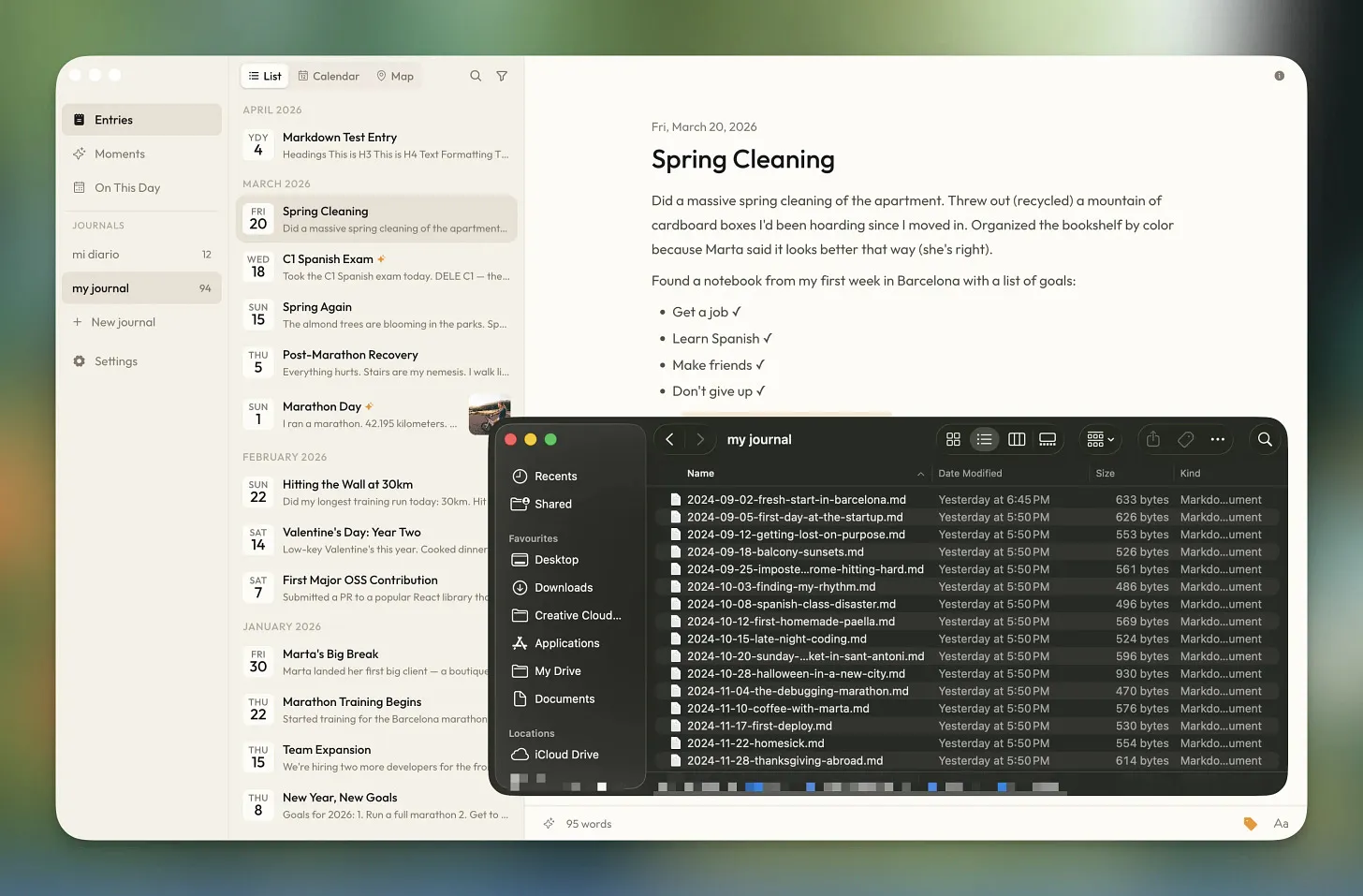 Cozy entries stored as plain text files in a local folder — no cloud, no lock-in