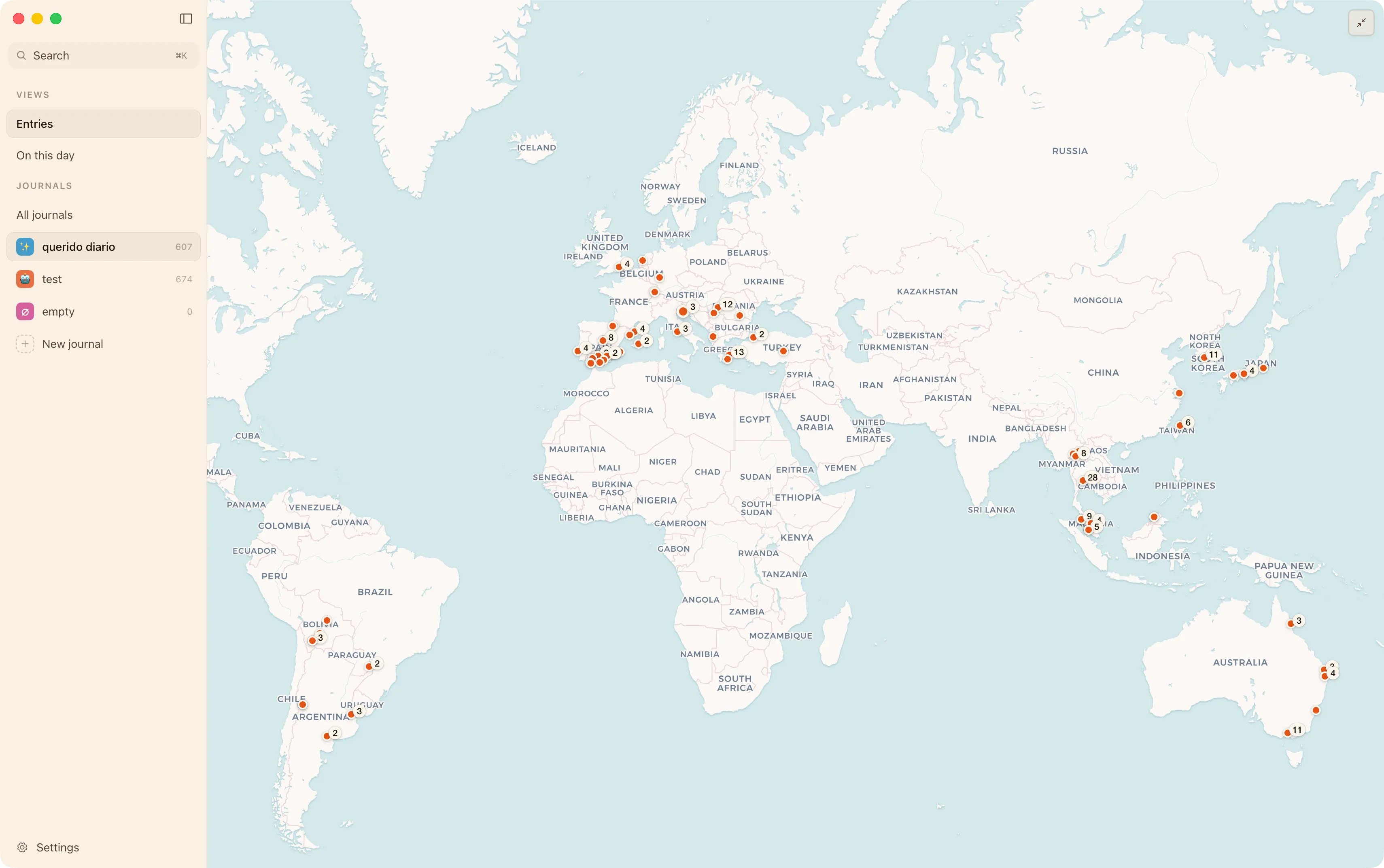 The map filling the whole window, with entry pins spread across the world
