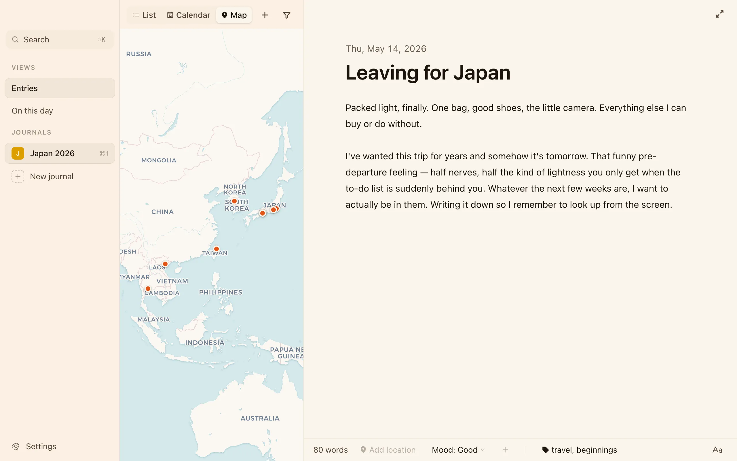 The map view, with entries pinned to the places they were written