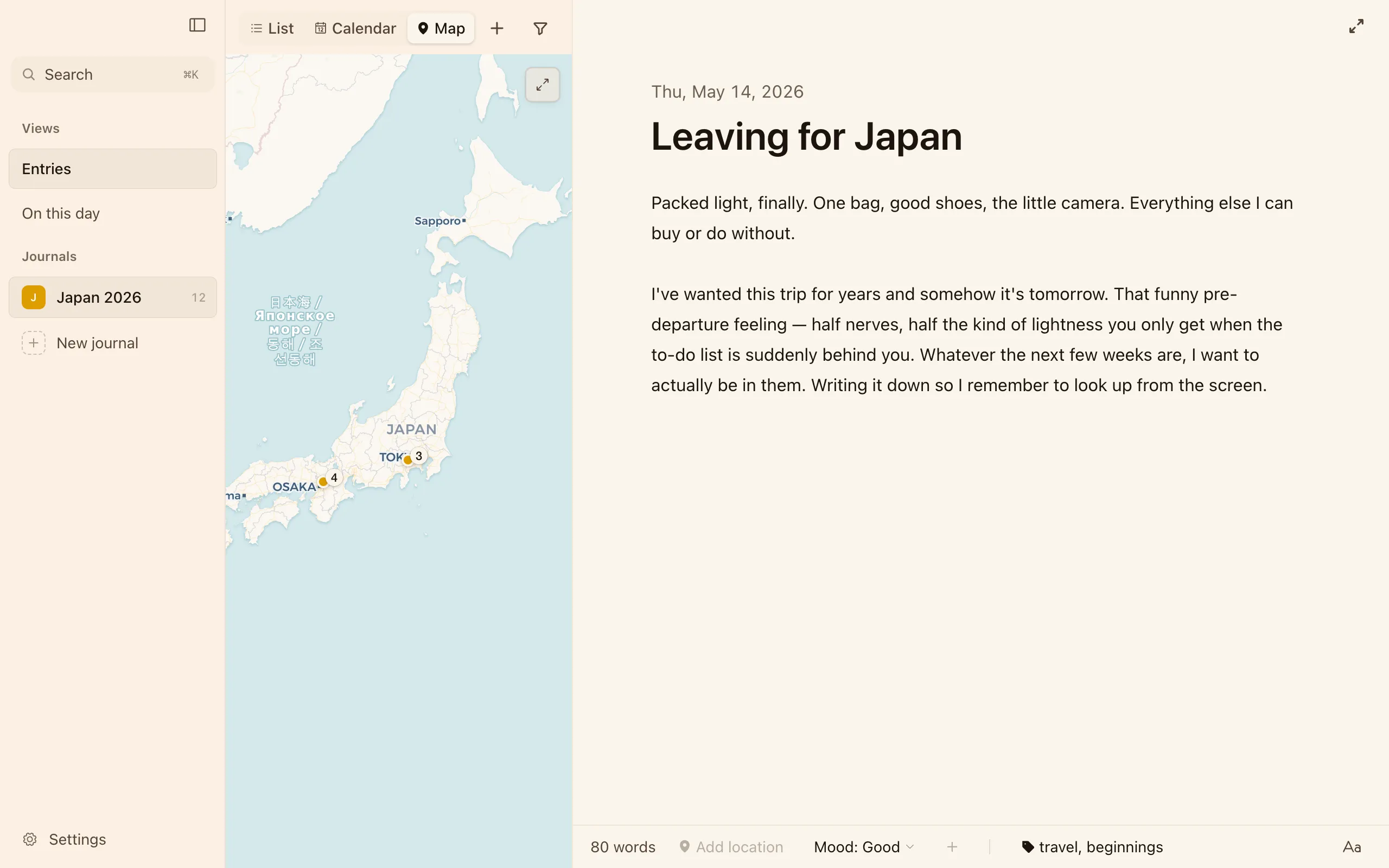 The map view, with entries pinned to the places they were written