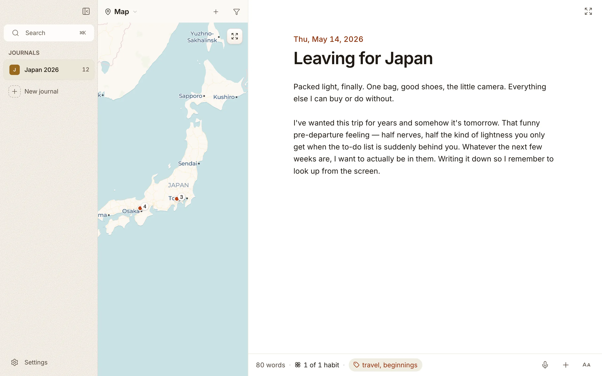 The map view, with entries pinned to the places they were written
