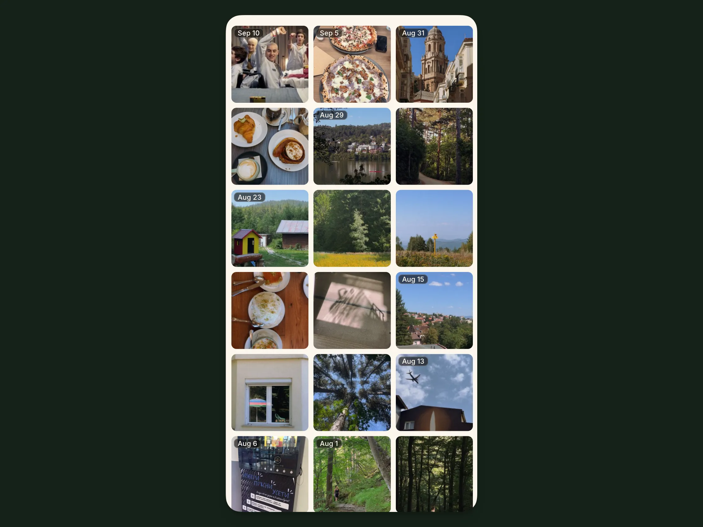 The new media view in Cozy, showing every photo and video from your entries in one grid