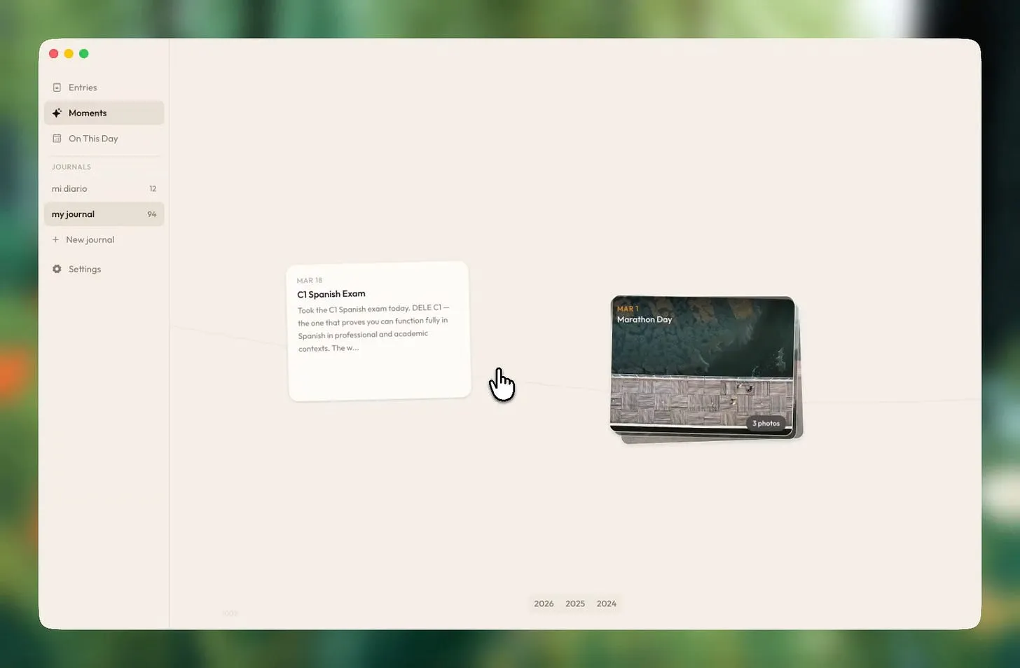 The Moments view in Cozy — a curated timeline of the entries that mattered