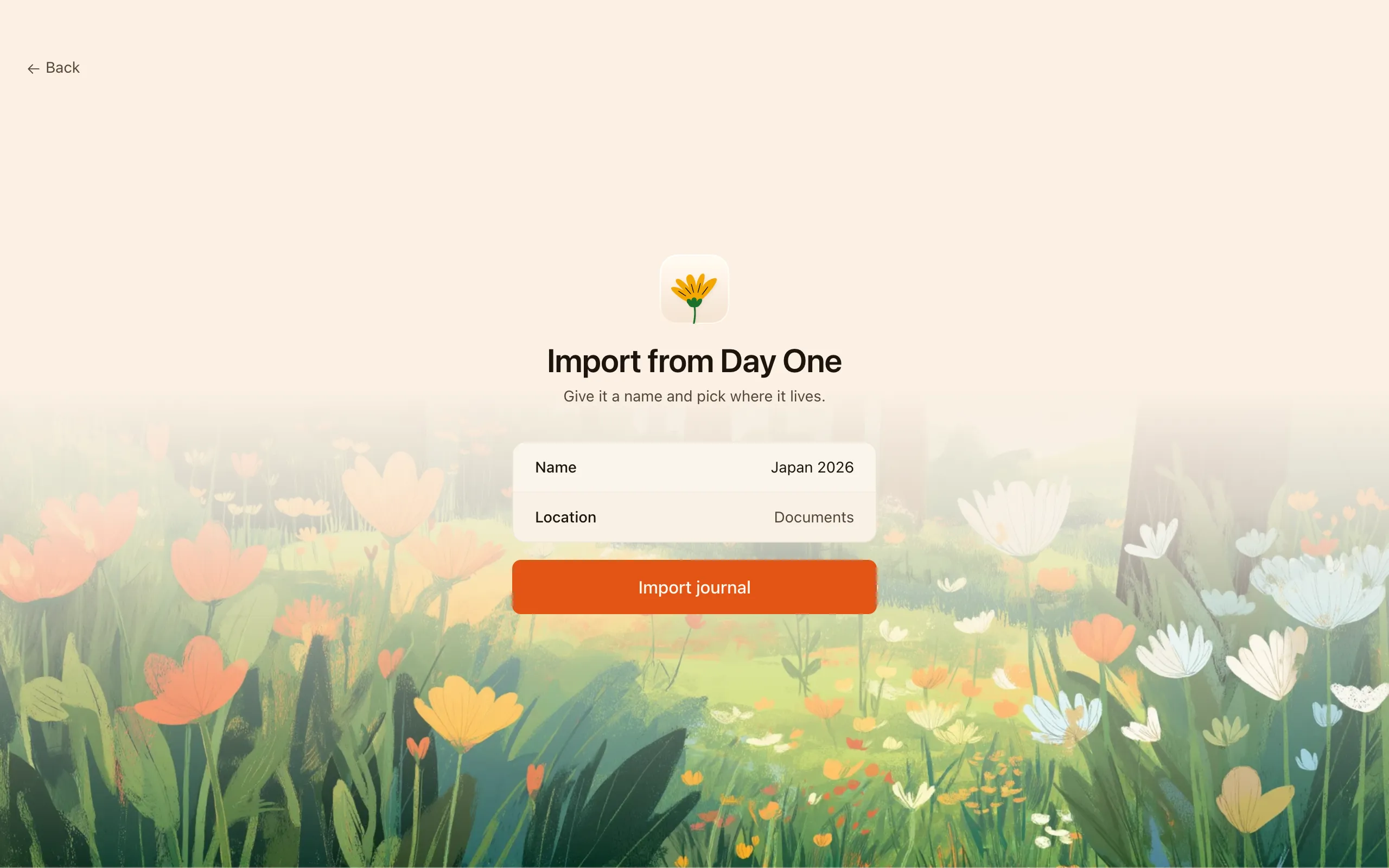 Cozy's import screen asking for a journal name and a location, with an Import journal button