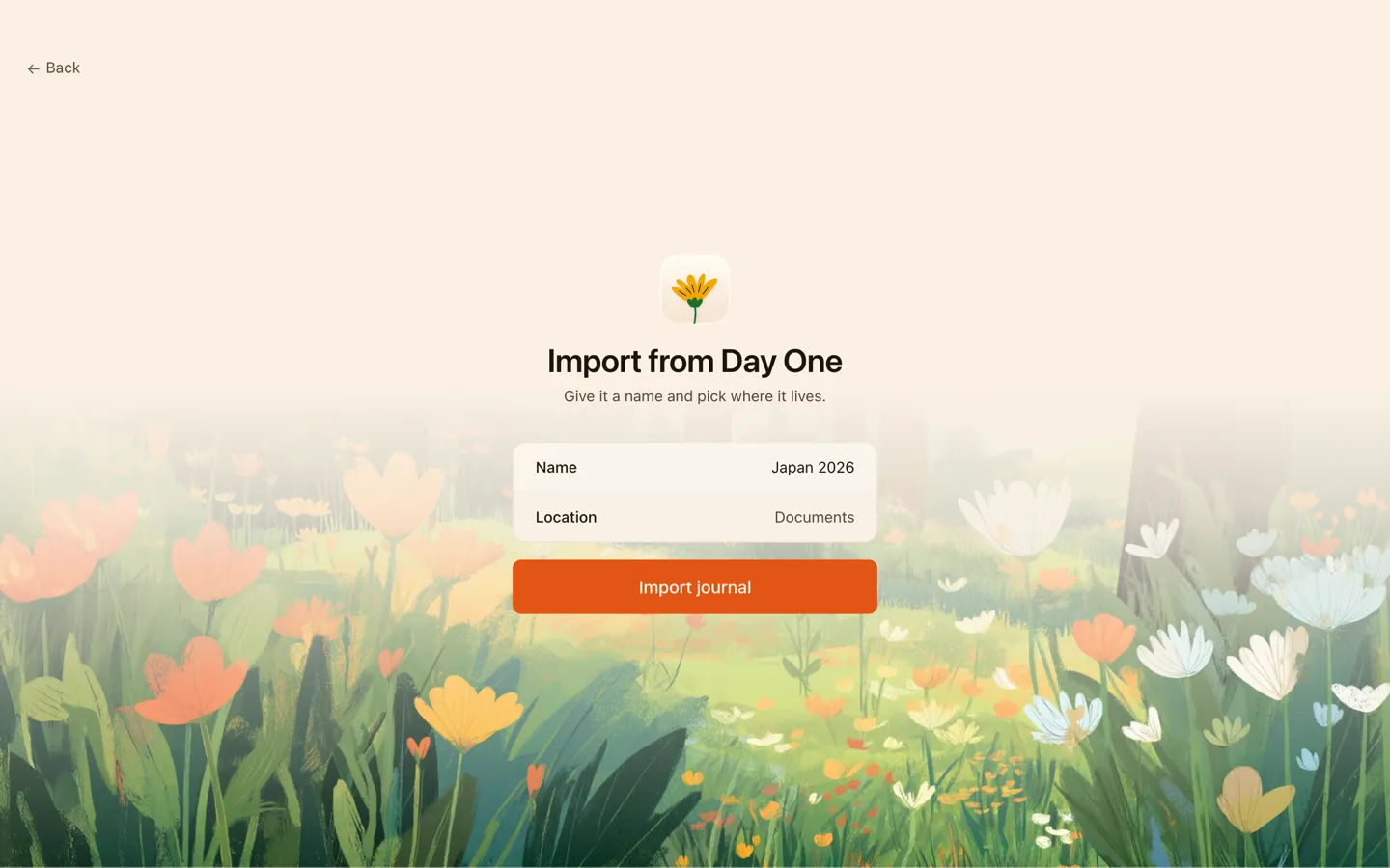 Cozy's import screen asking for a journal name and a location, with an Import journal button