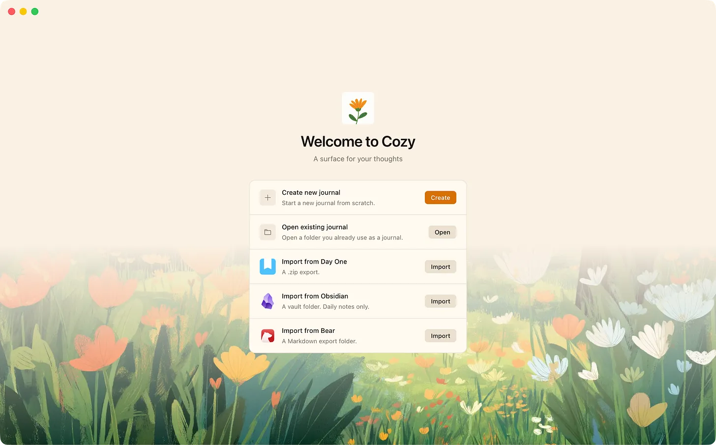 The onboarding screen — start a new journal or import an existing one