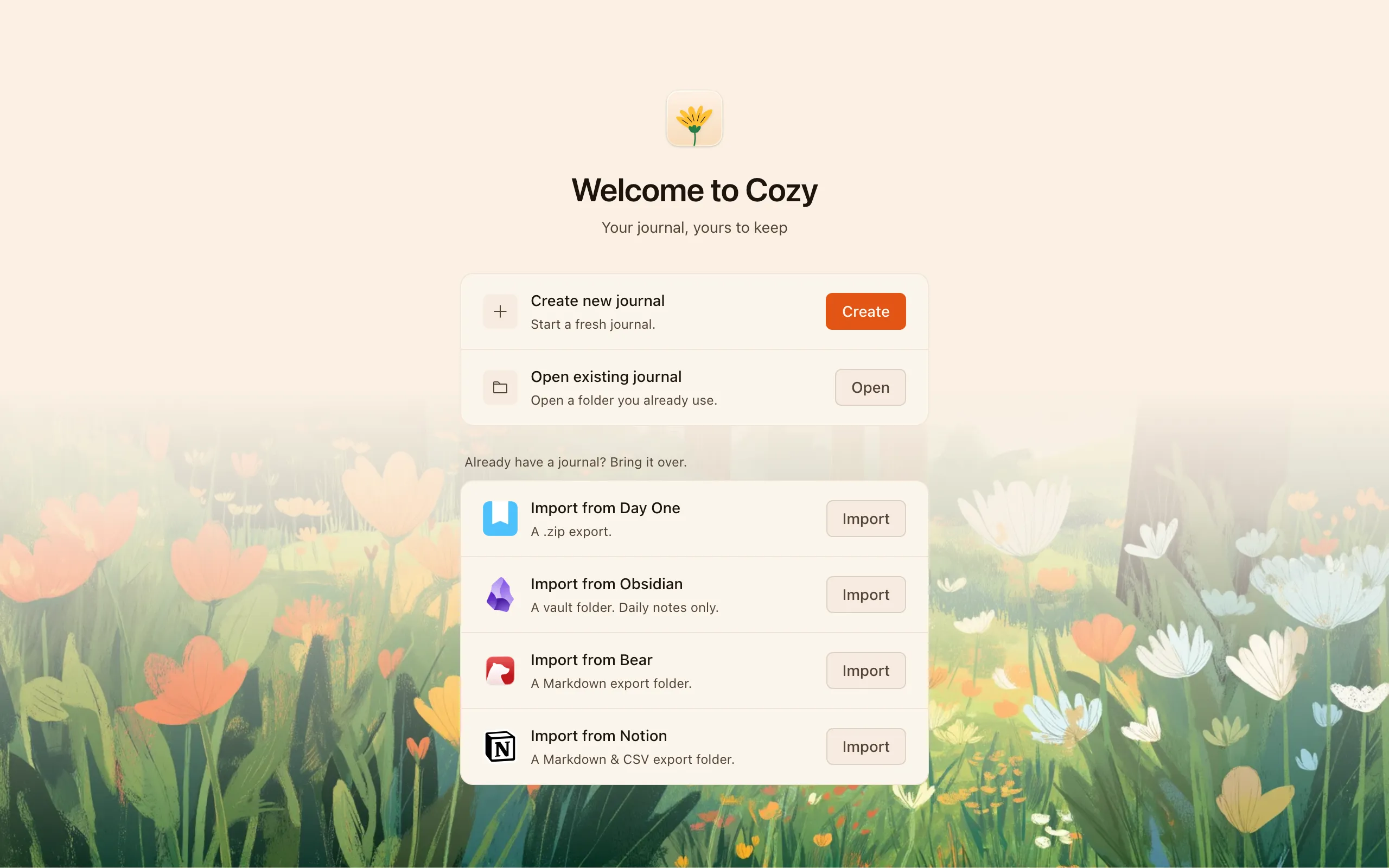 Cozy's welcome screen with import options for Day One, Obsidian, and Bear