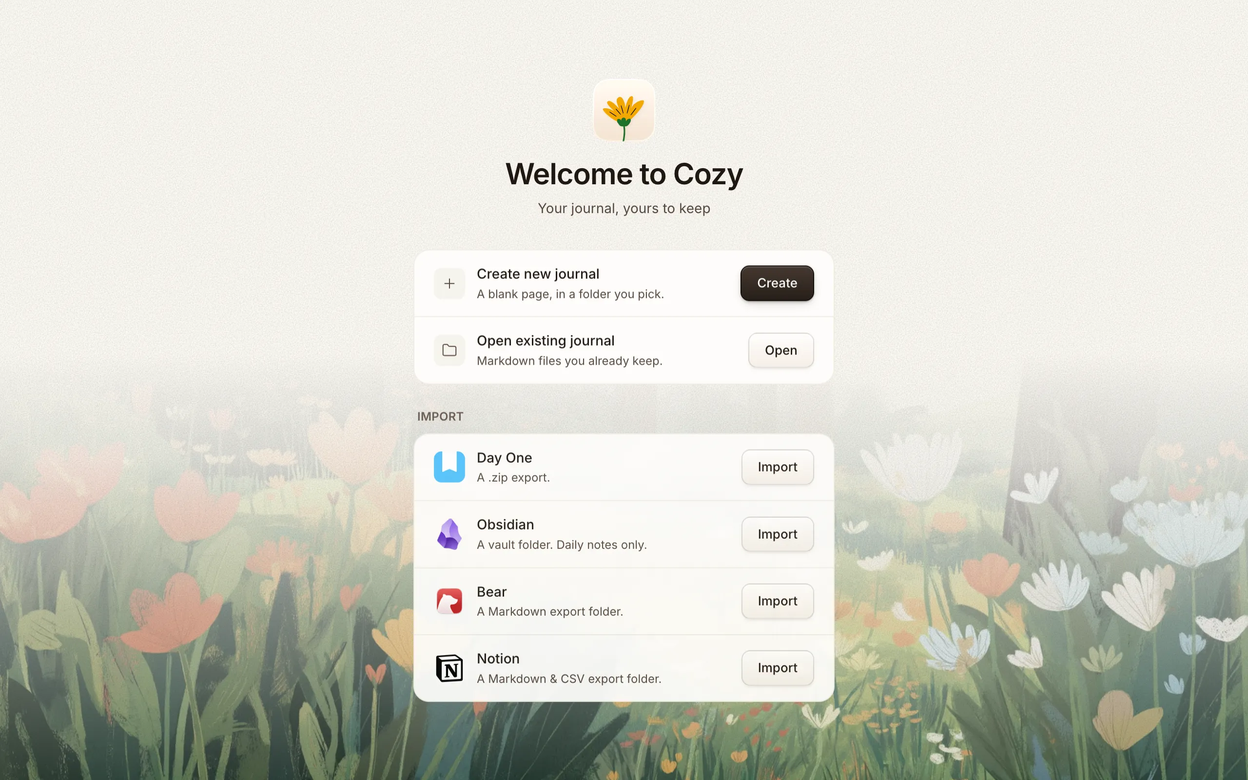 Cozy's welcome screen with import options for Day One, Obsidian, and Bear