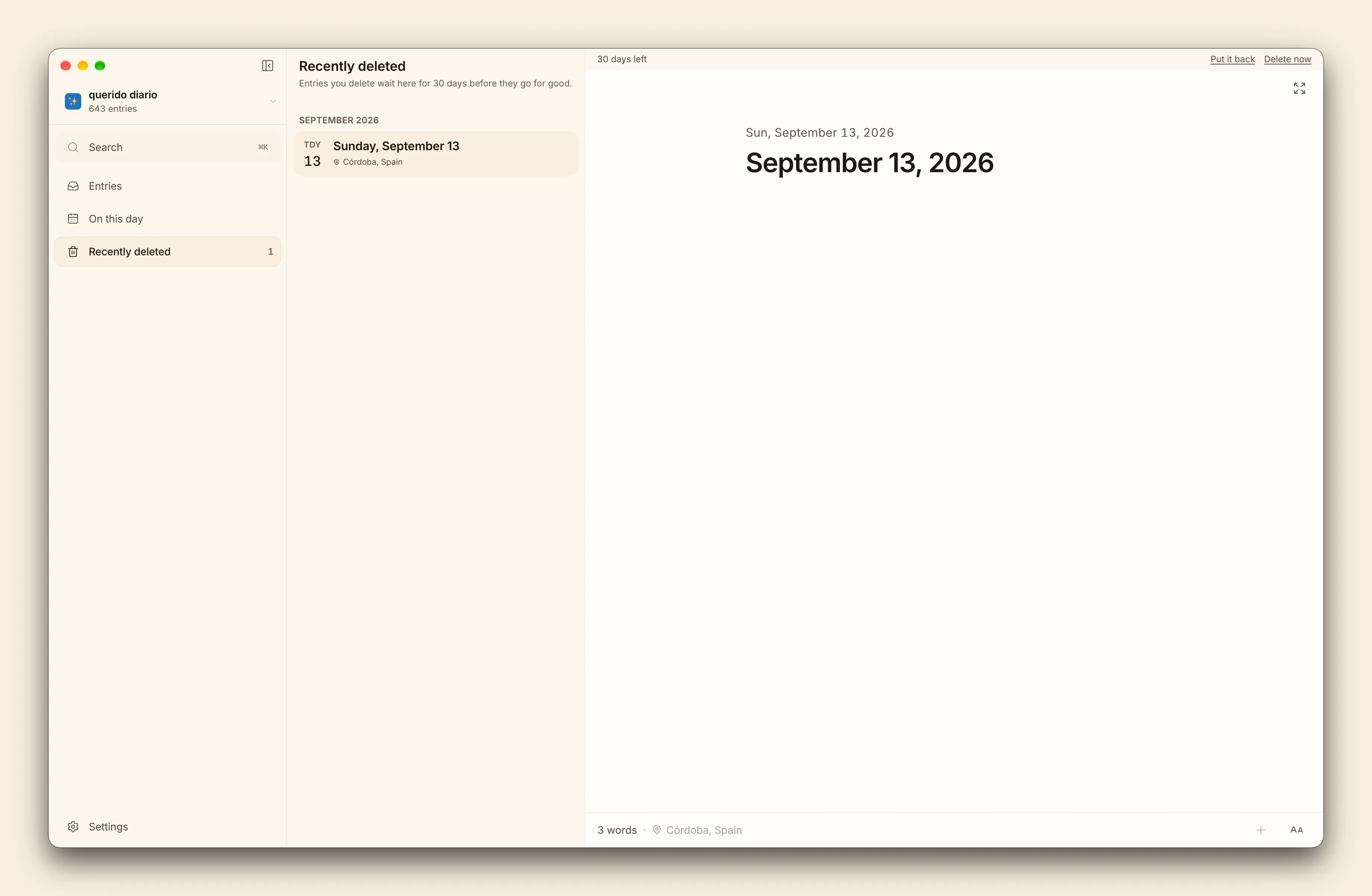 Recently deleted in the sidebar, with the days each entry has left