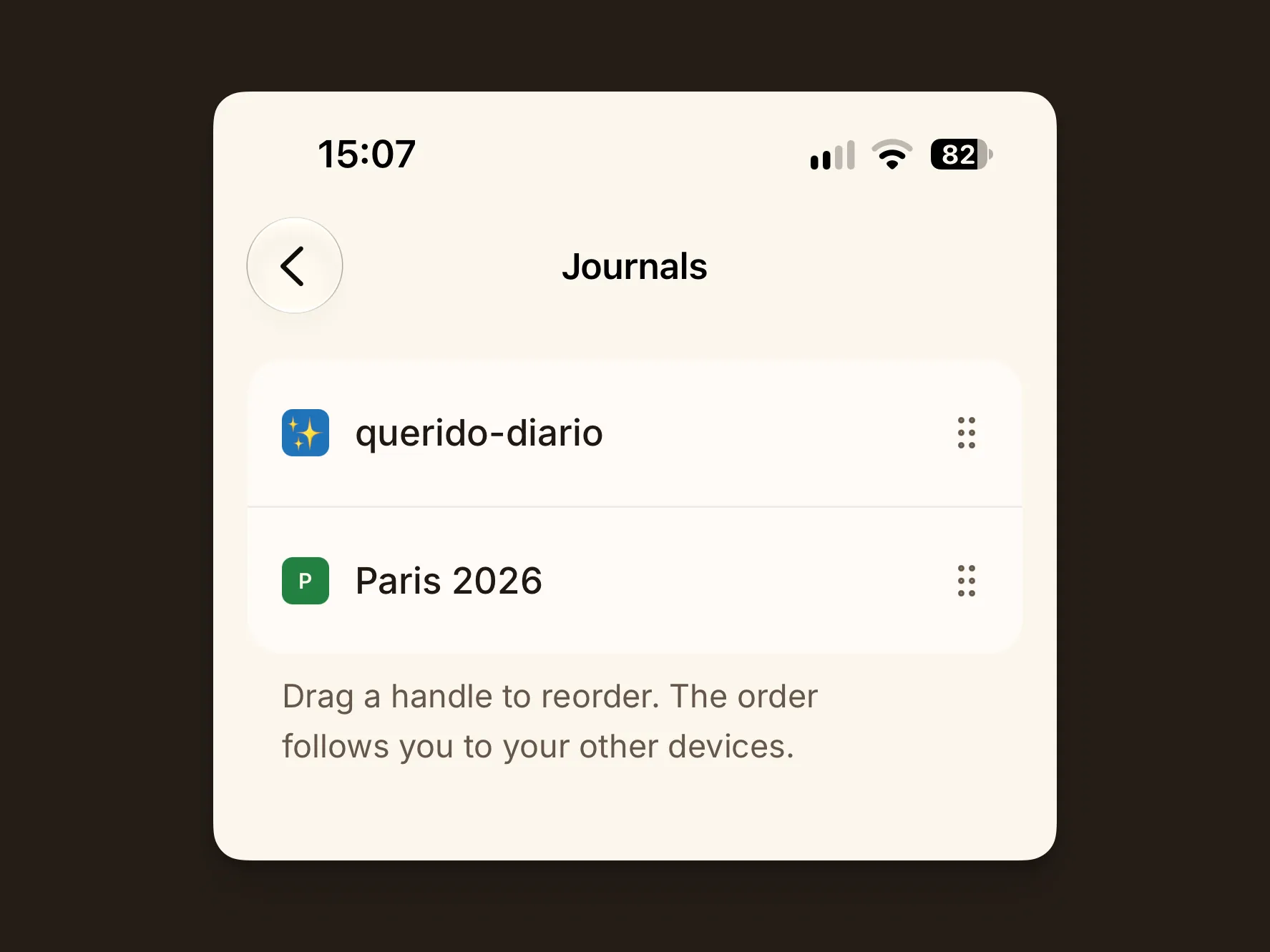 Dragging a journal into a new position on the iPhone app