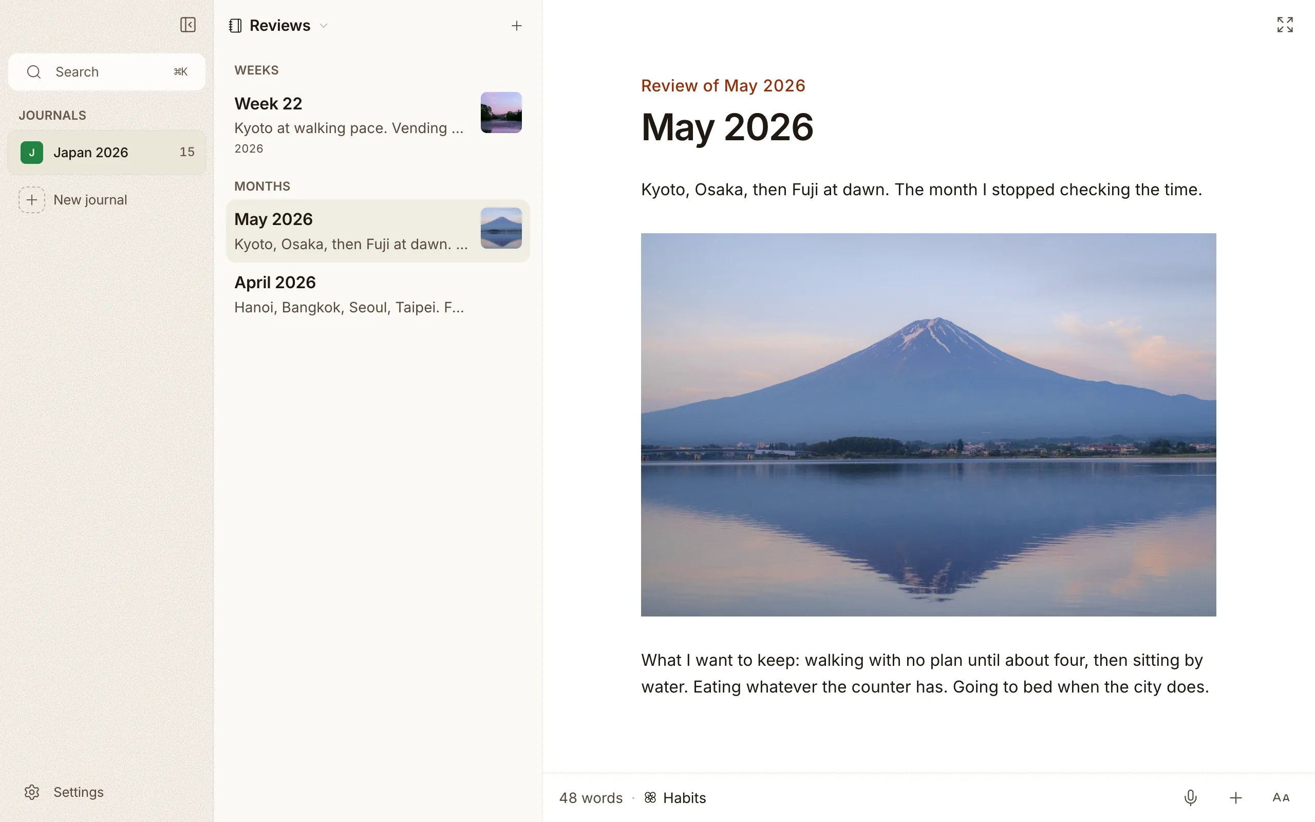 Reviews in Cozy: weeks and months in their own list, the review of May 2026 open with its photo of Fuji