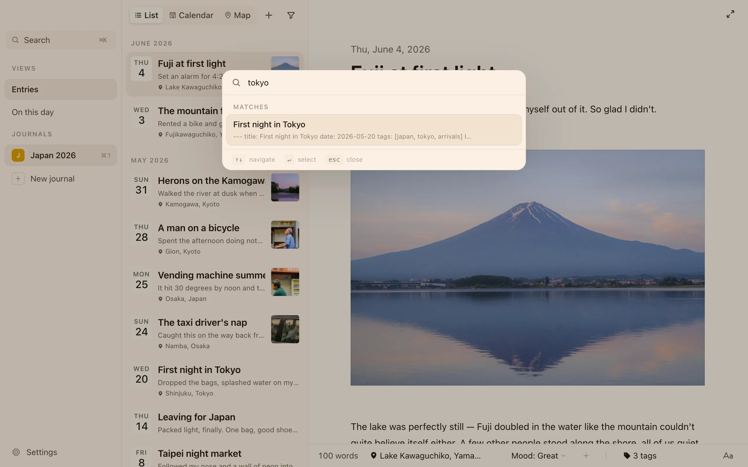 The ⌘K command bar searching for "tokyo" and matching an entry with a snippet