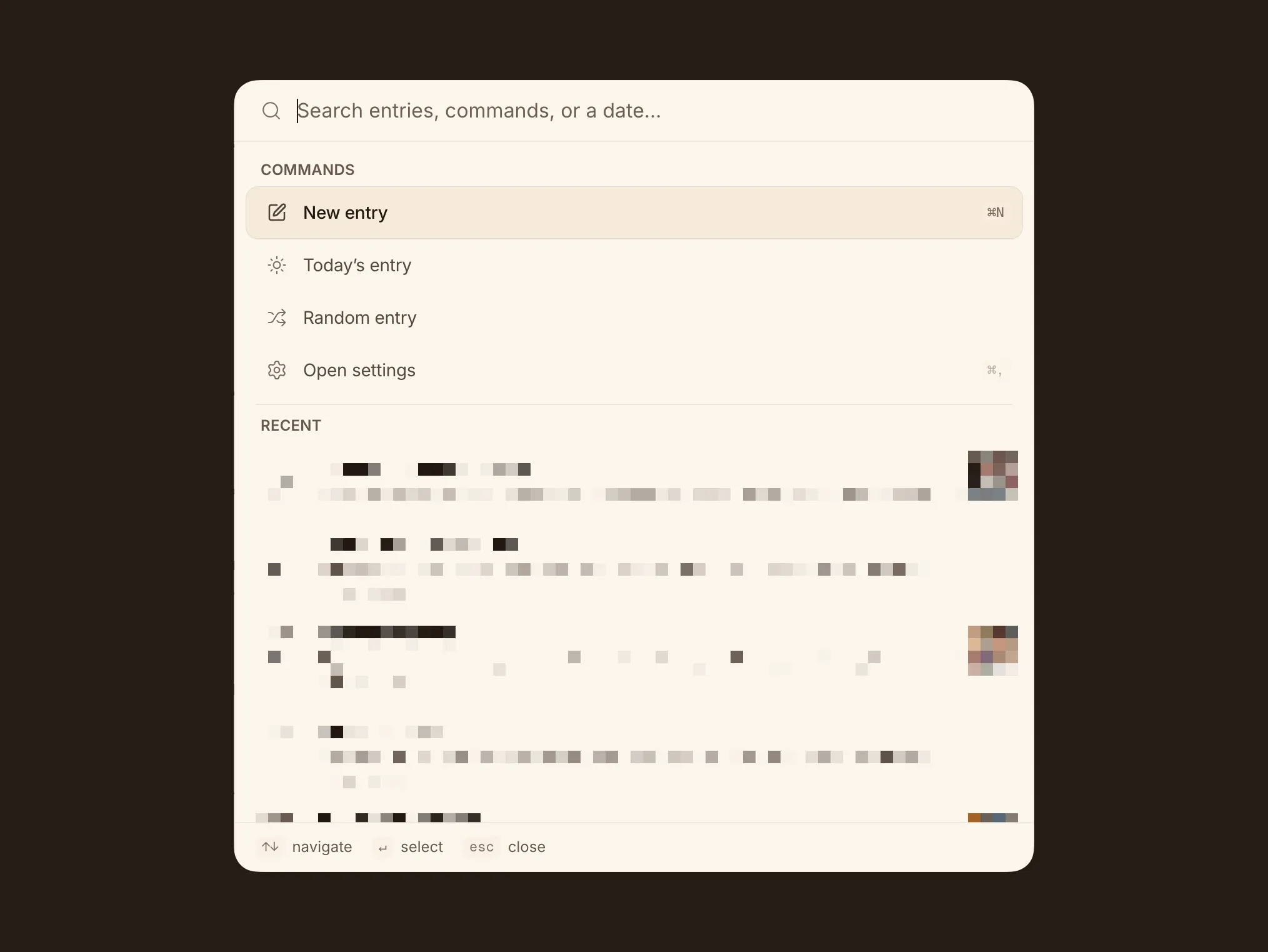 The command palette, bigger, matching an entry typed without accents