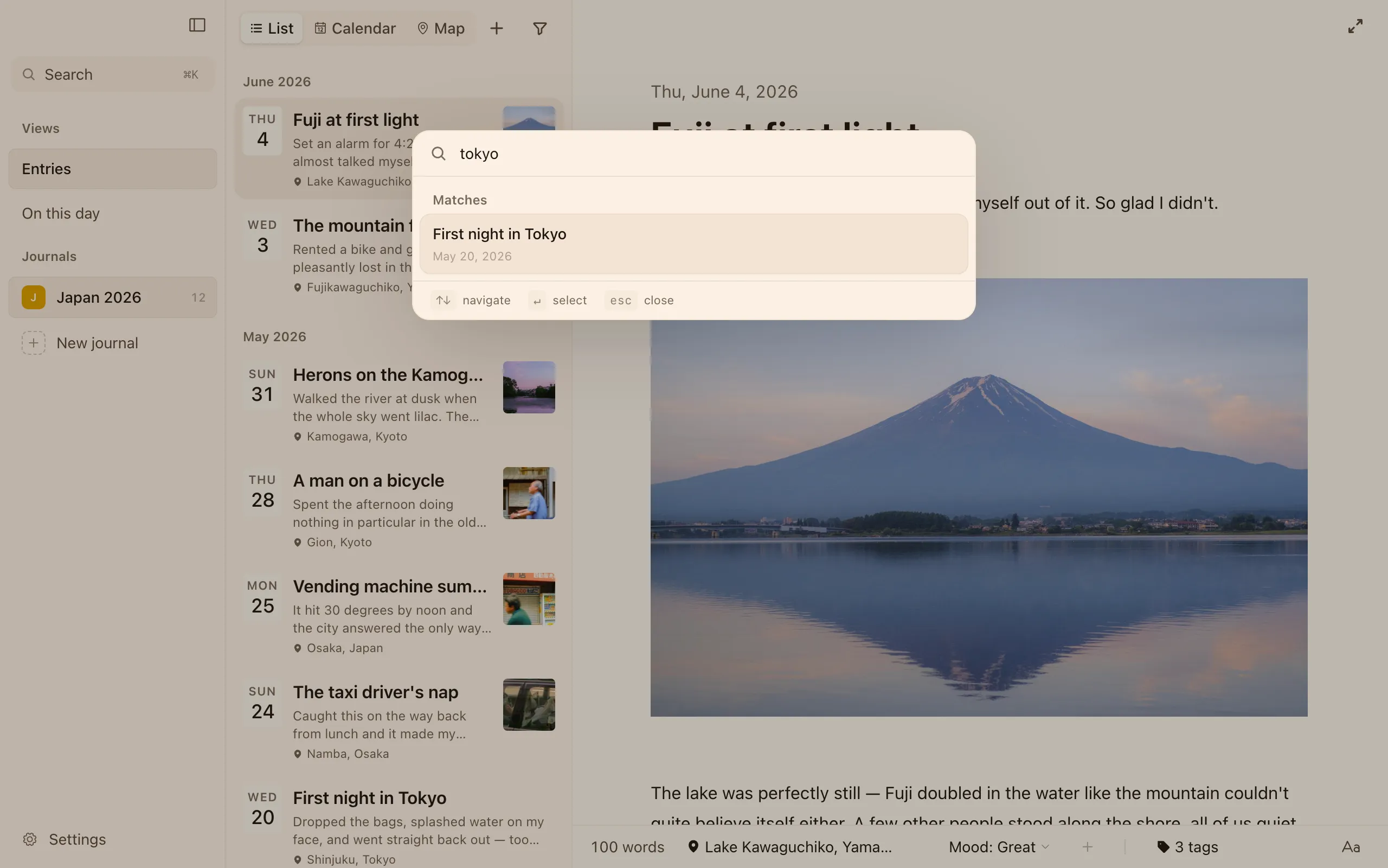 The ⌘K command bar searching for "tokyo" and matching an entry with a snippet