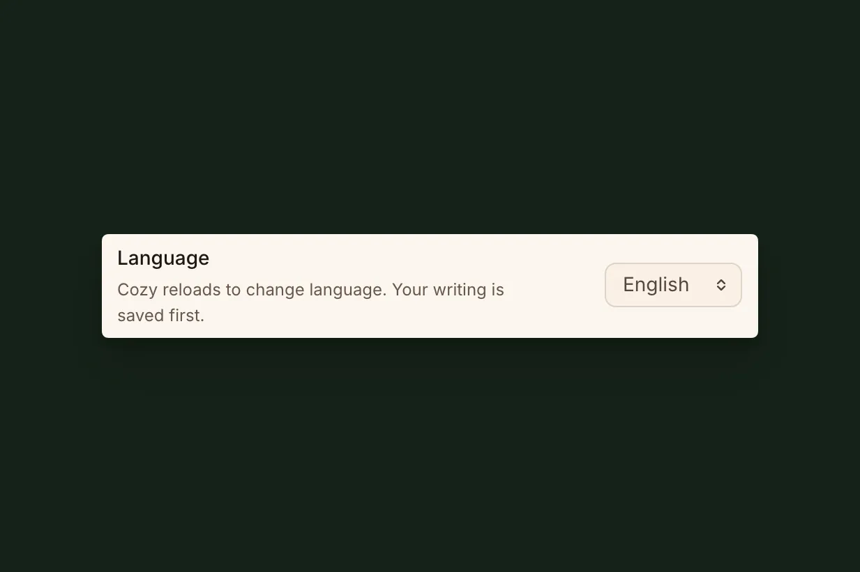 The language picker in Settings, with Cozy's menus in Spanish