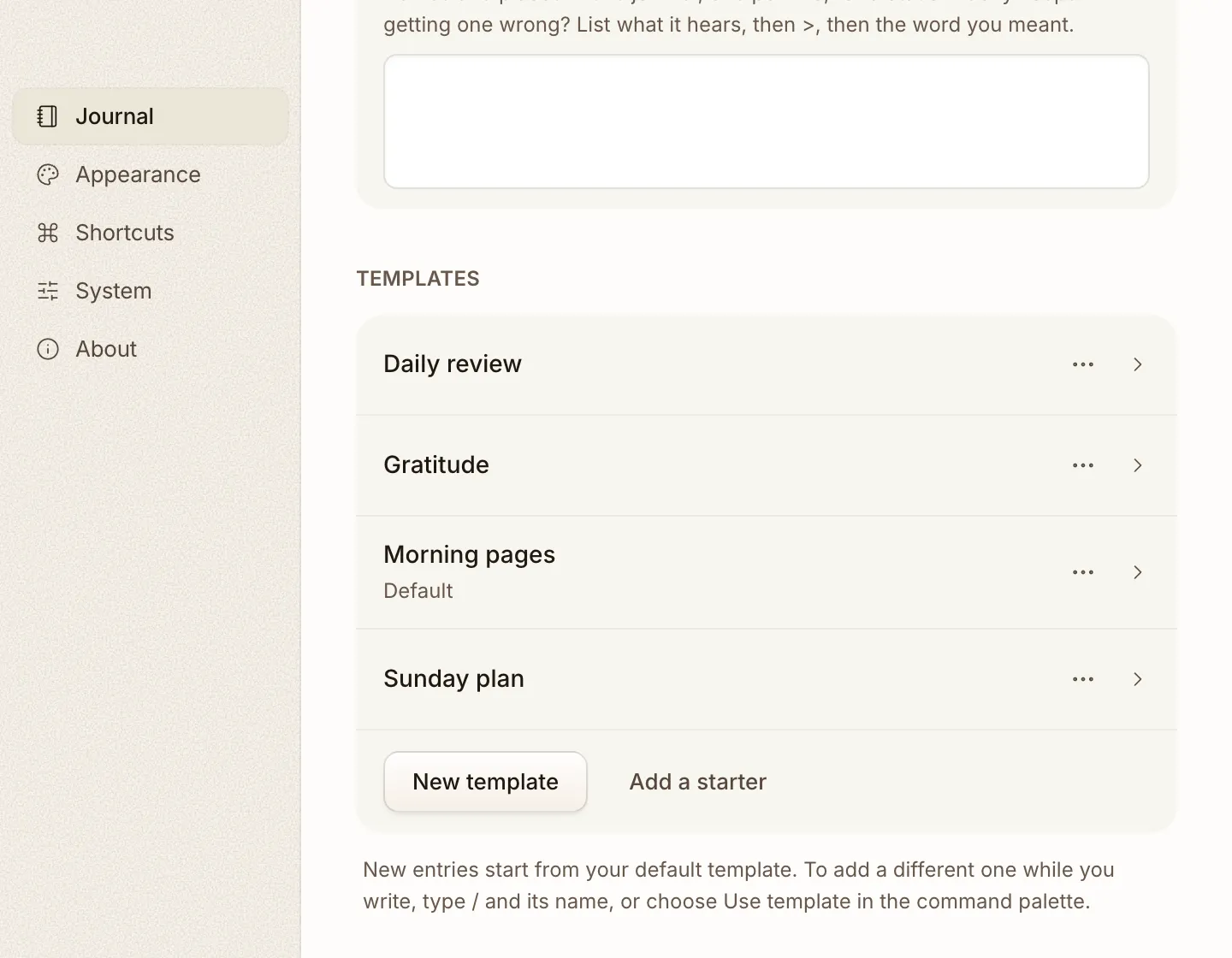 The Templates list in Cozy's Journal settings, with one template marked as the default