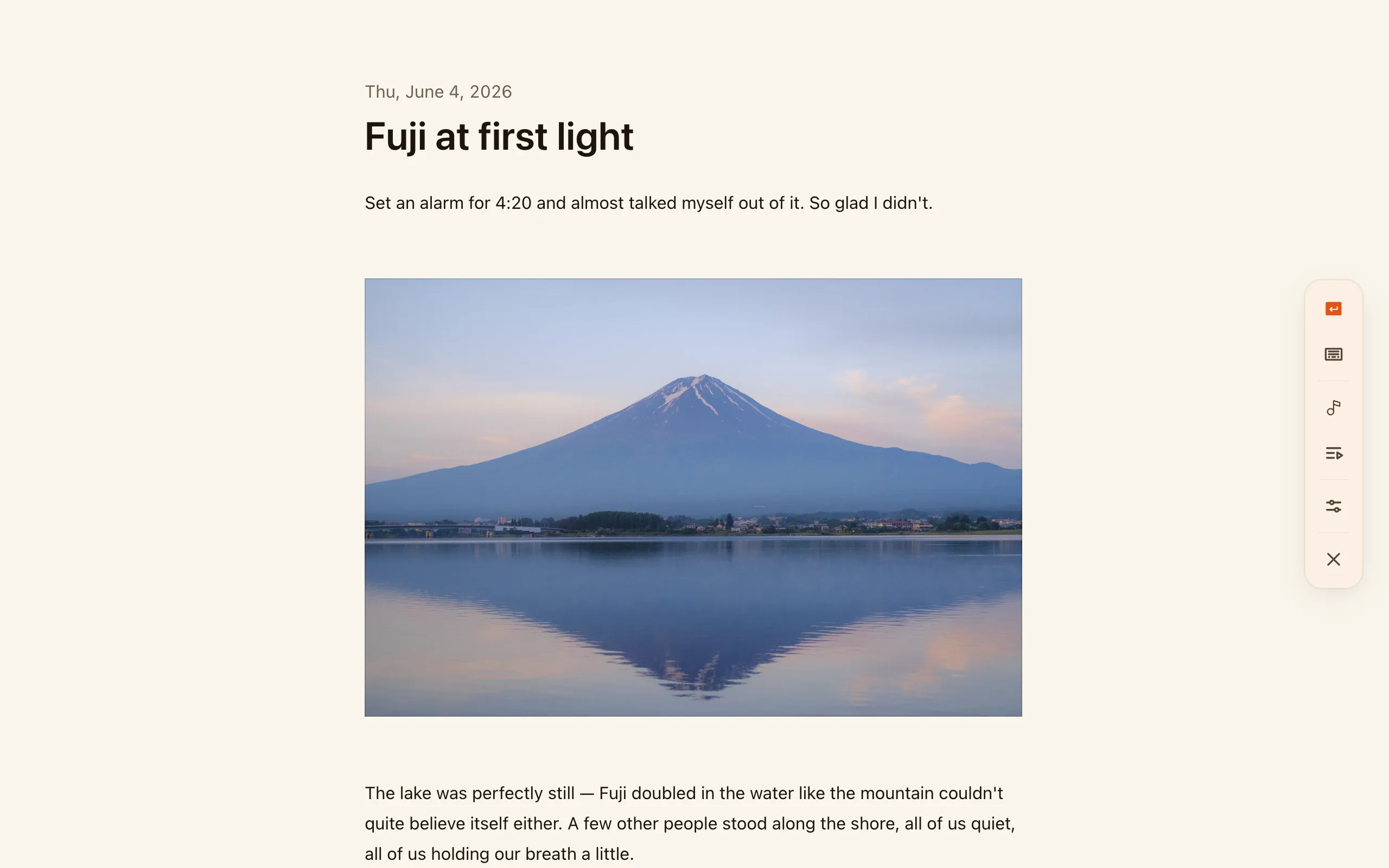 Cozy in writing mode — a calm, full-screen surface with just the entry and a slim toolbar